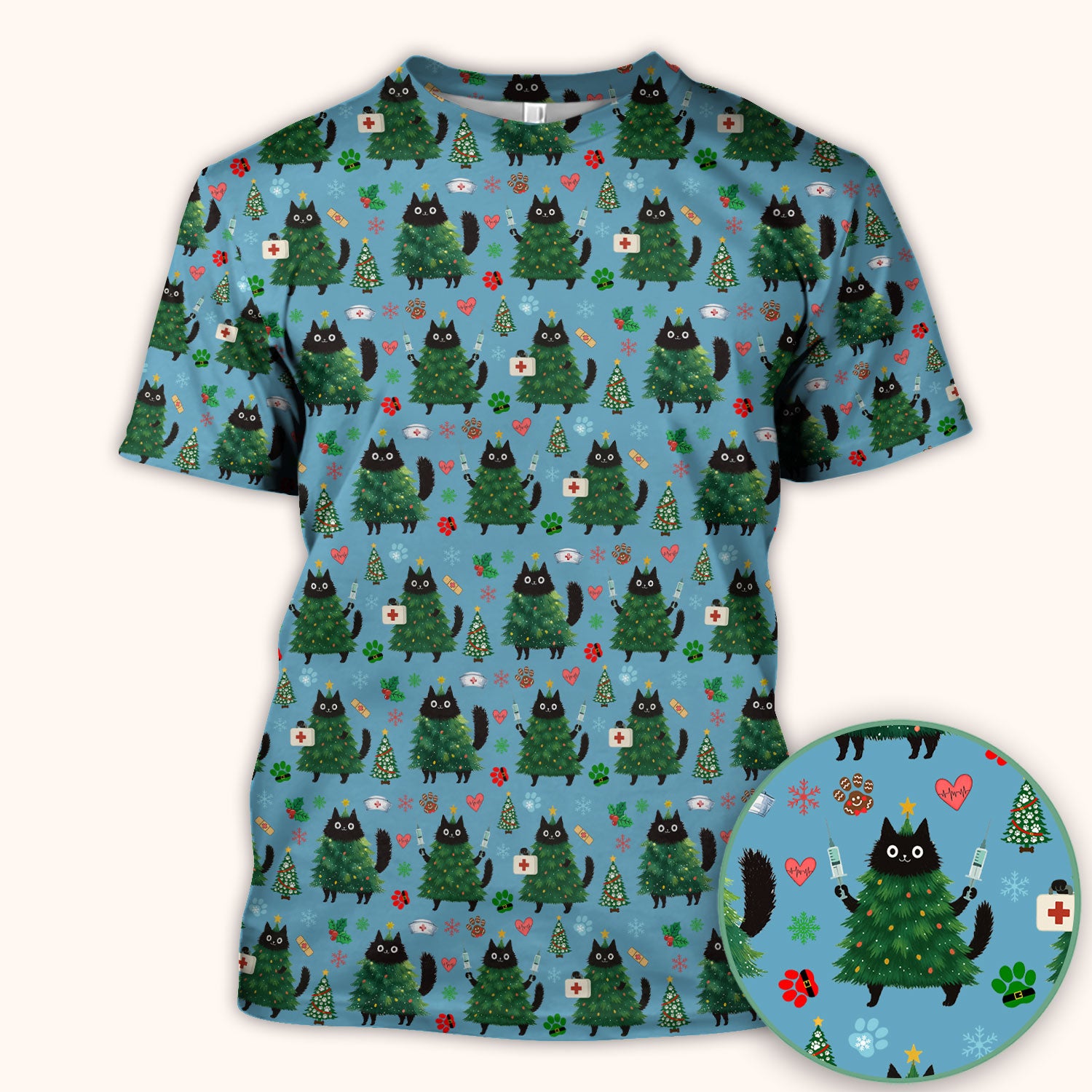 Christmas Nurse Scrub Top, Xmas Black Cat Pattern Nurse Shirt,  Breathable Fabrics Nursing Uniform