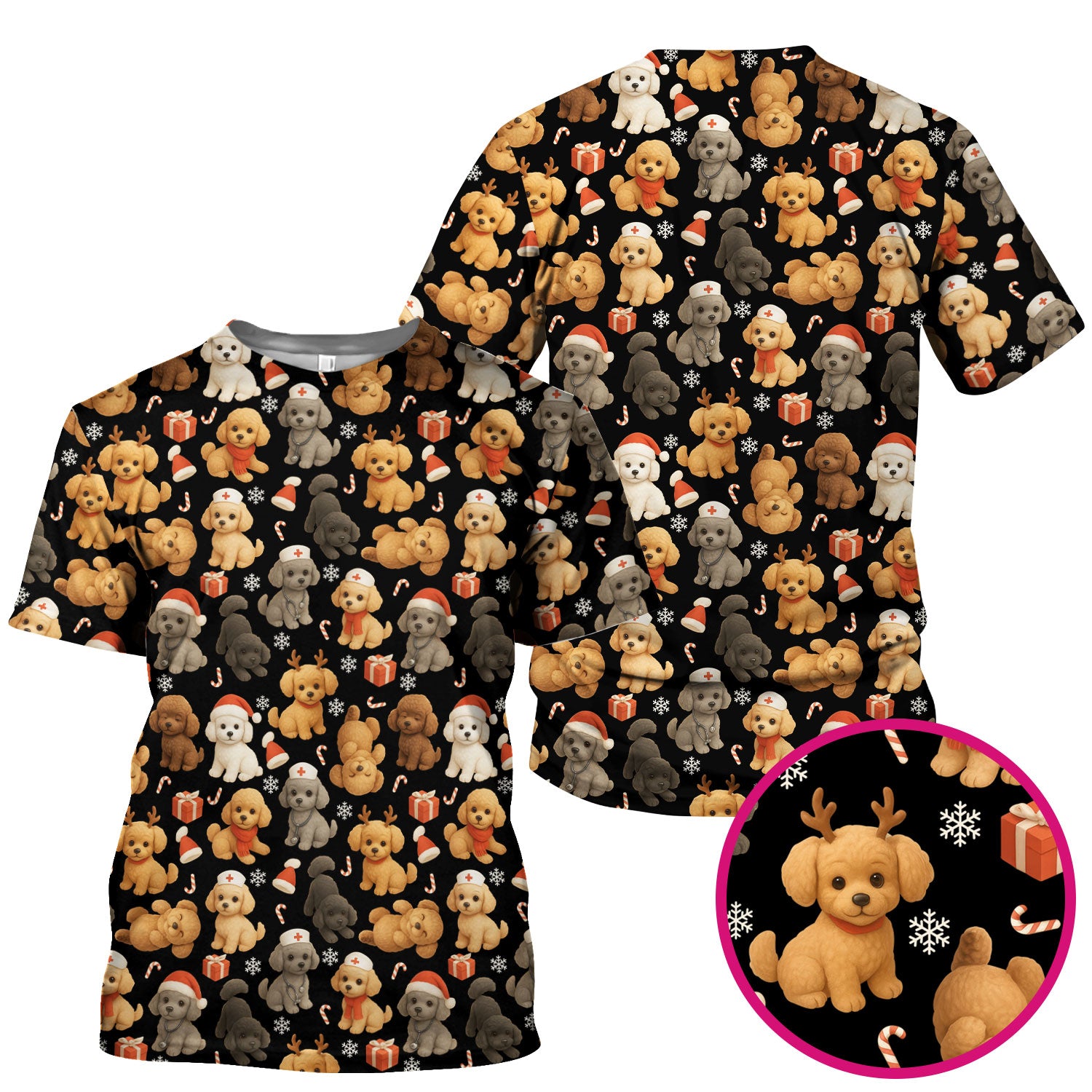 Christmas Poodle Scrubs for Women - Cute Dog Pattern Medical Scrub Top - Festive Holiday Christmas Scrubs with Adorable Poodle Design