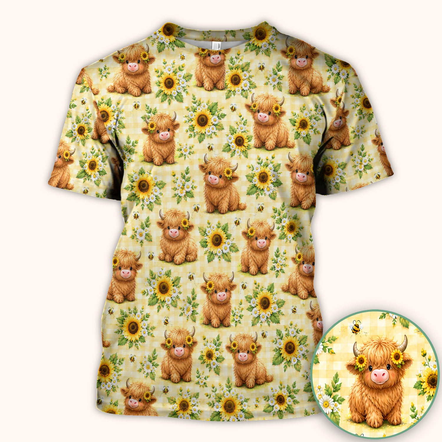 Sunflower Highland Cow And Bee Pattern Scrub Top, Comfortable Scrubs for Nurses