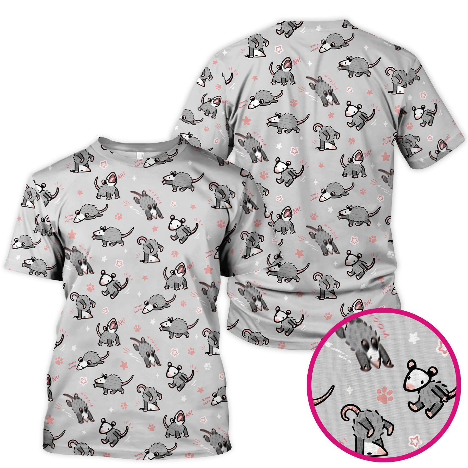 Playful Cartoon Opossum Character Pattern Scrub Top, Breathable Fabrics Nursing Uniform