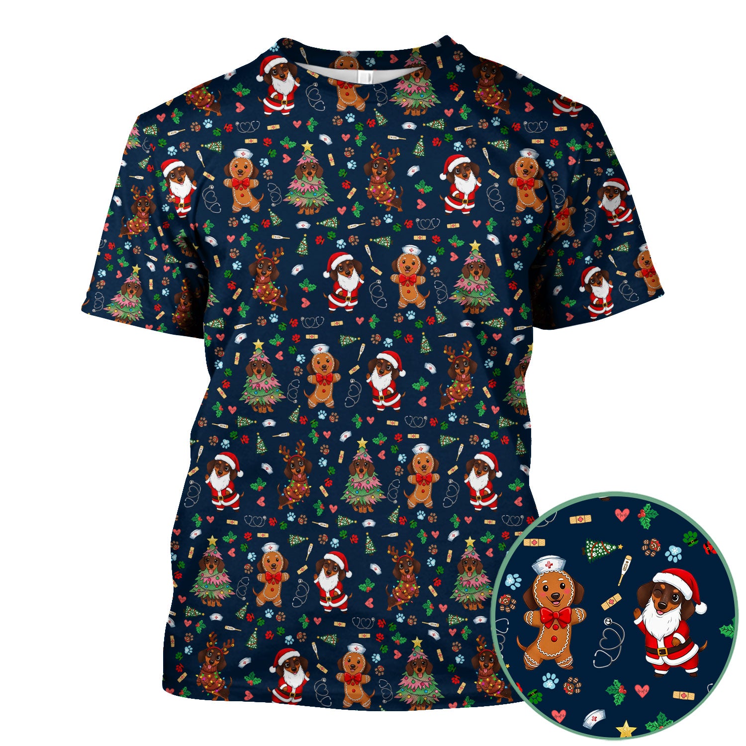 Wiener Dog Christmas Scrub Top – Funny Dachshund Pattern Medical Shirt – Festive Holiday Uniform for RN, LPN, CNA, and Vet Techs