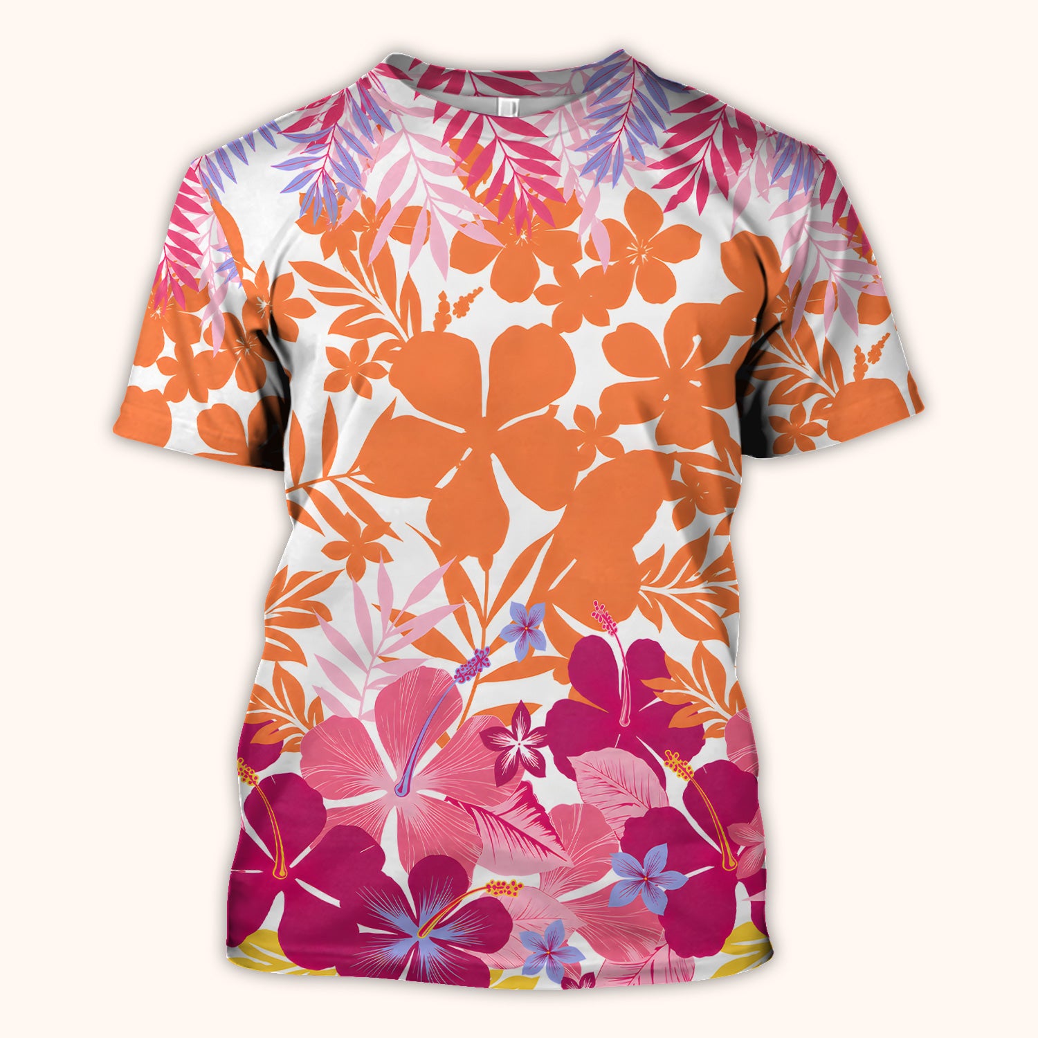 Cheerful Tropical Hibiscus Bloom Pattern Scrub Top, Comfortable Scrubs for Nurses