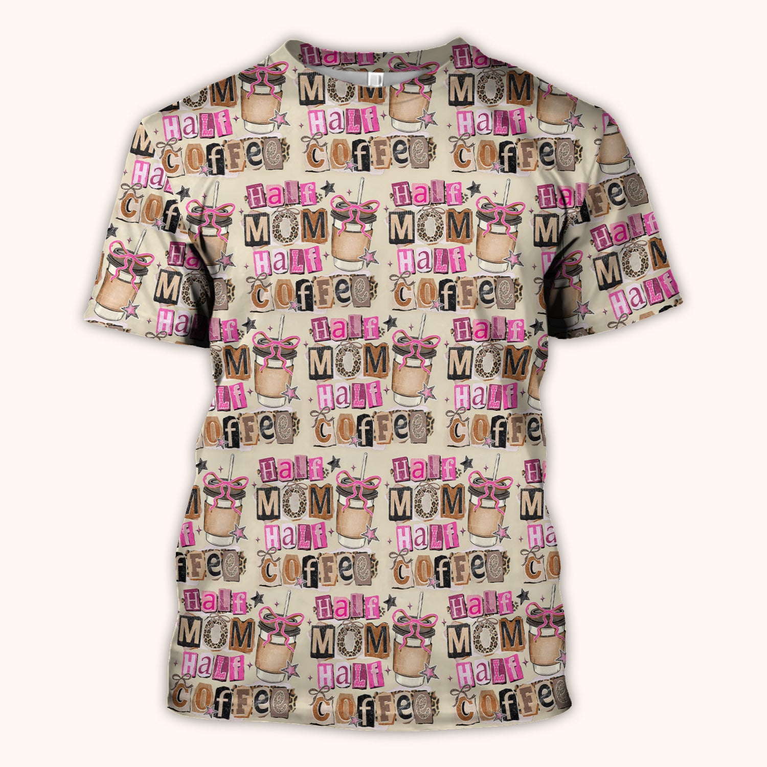 Half Mom Half Coffee Print Scrub Top, Caffeine Lover Nursing Uniform for Women