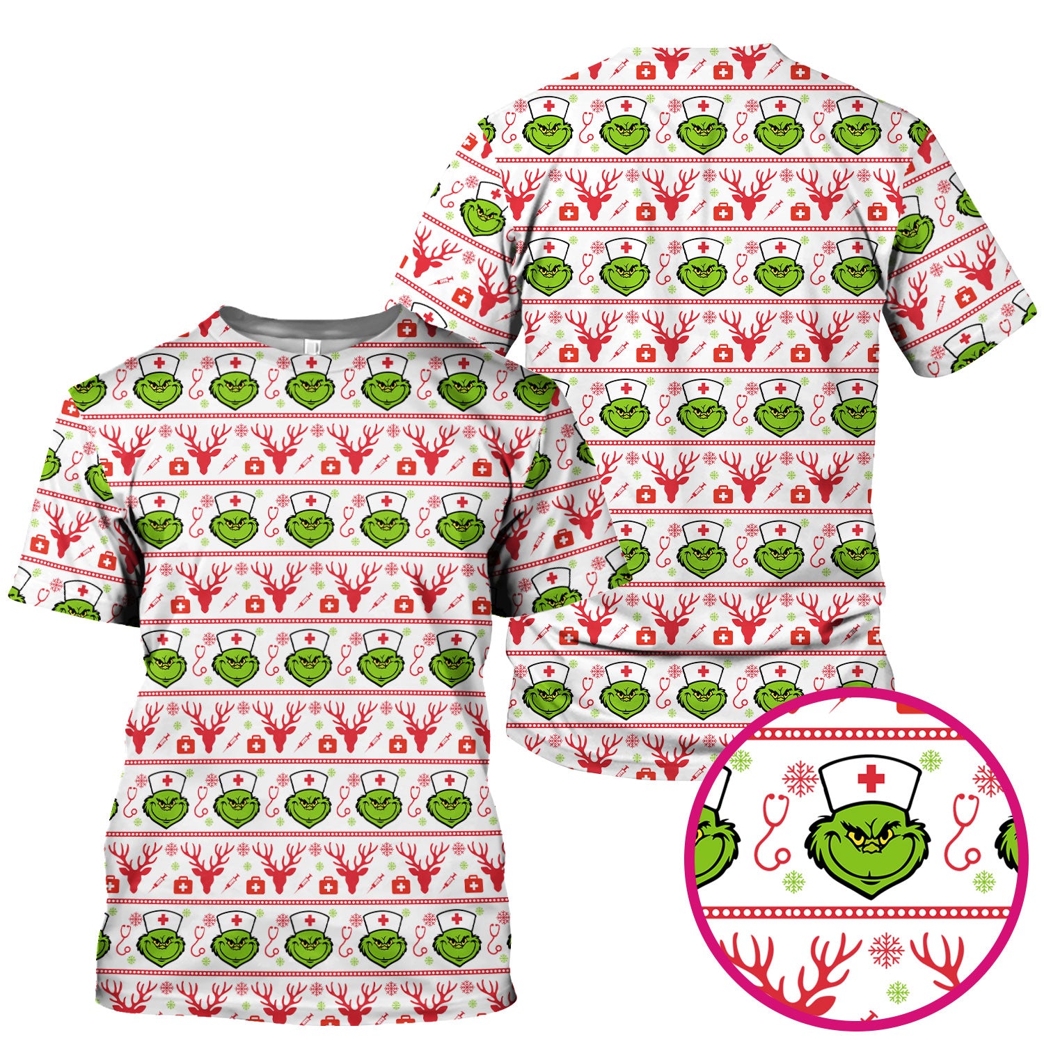 Funny Grinch Nurse Scrubs Top - Ugly Christmas Sweater Style Scrub Shirt - Holiday Nursing Workwear for Women