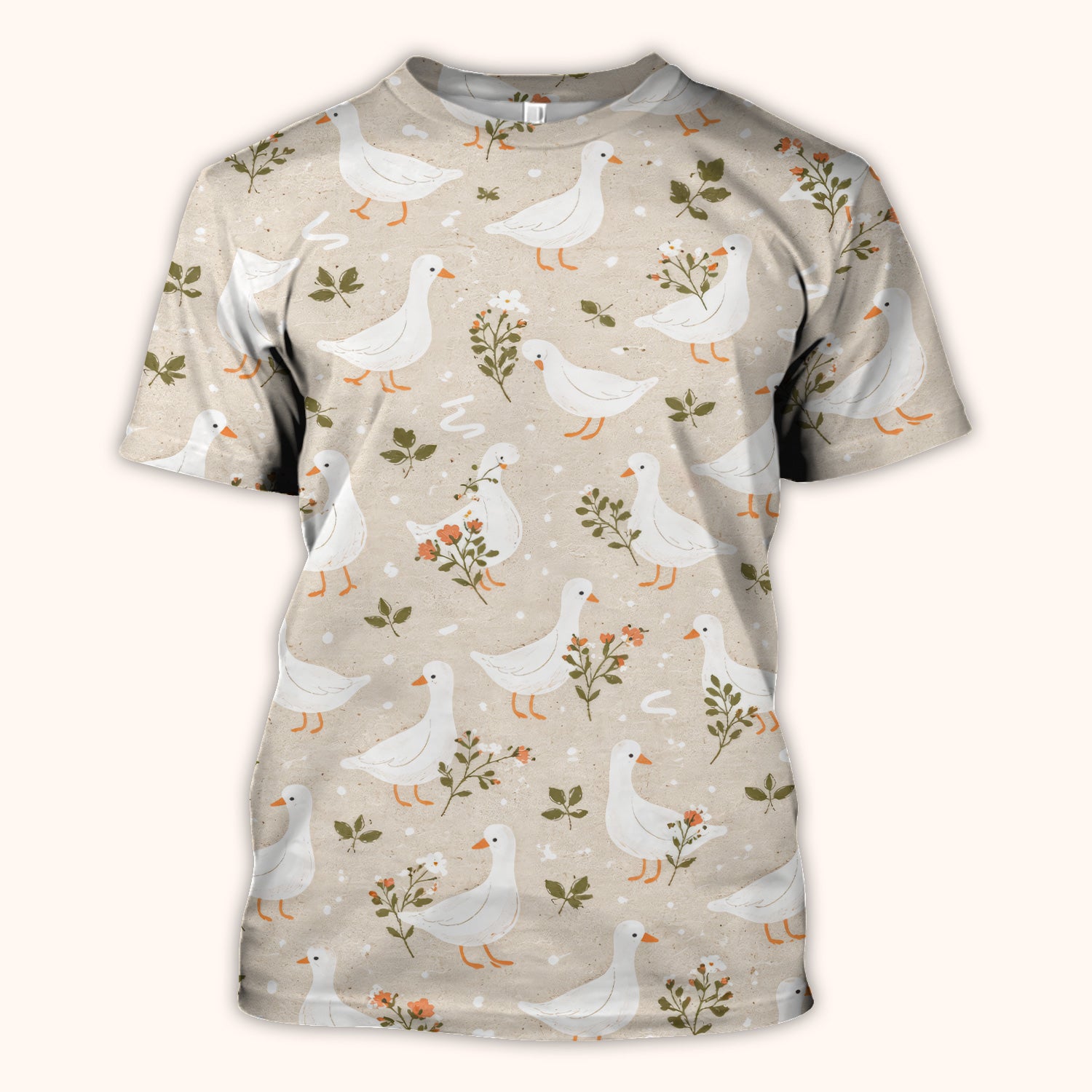 White Goose Floral Meadow Pattern Scrub Top, Comfortable Scrubs for Nurses