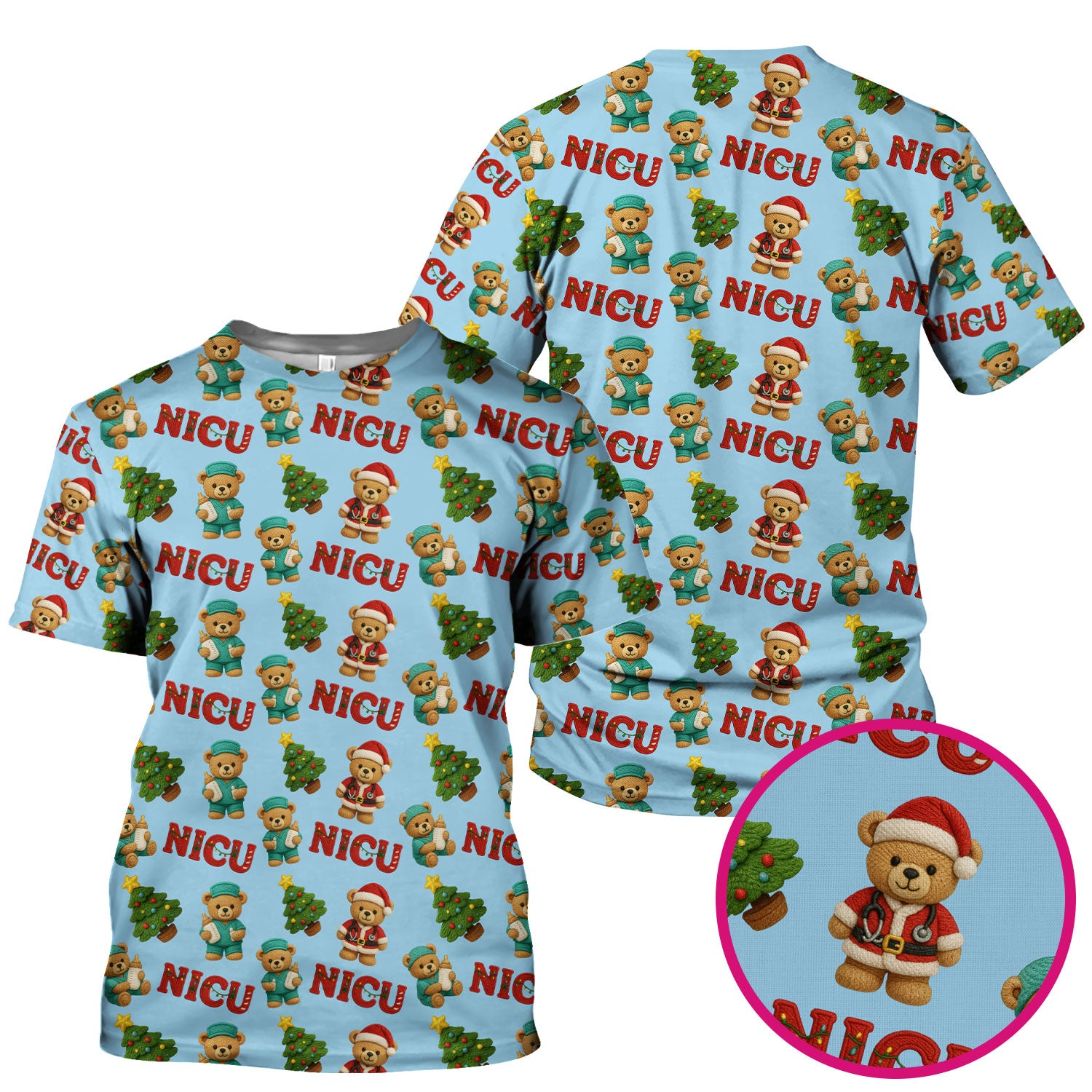 Festive Christmas NICU Nurse Teddy Bear Pattern, Breathable Fabrics Nursing Uniform