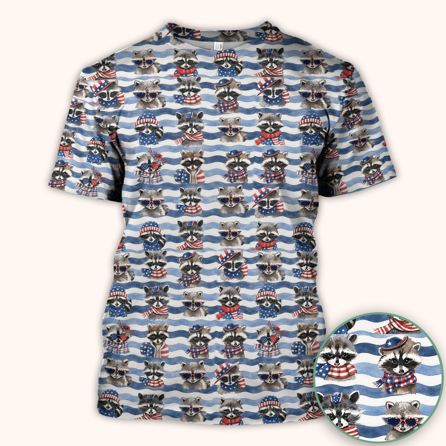 Patriotic Raccoon Watercolor Stripe Pattern Scrub Top, Comfortable Scrubs for Nurses