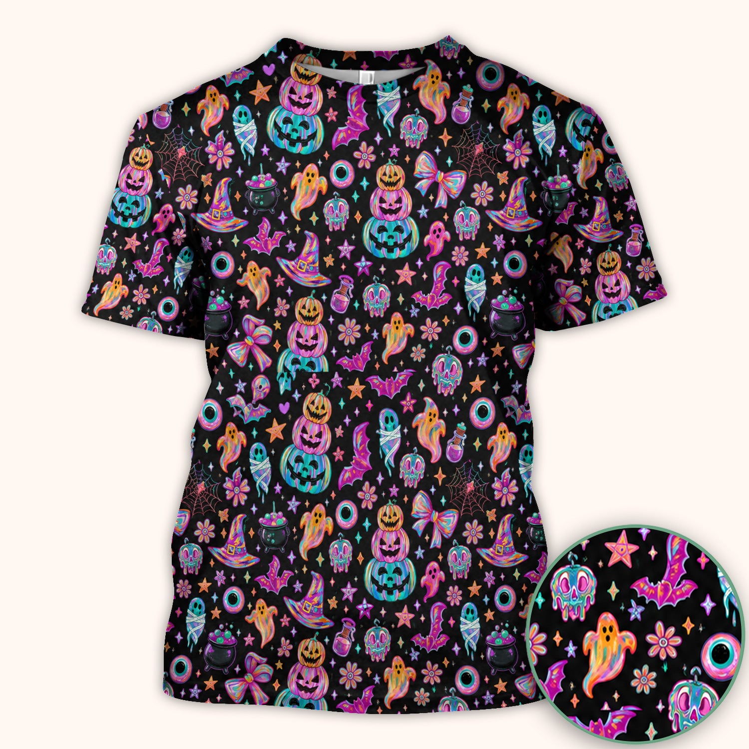 Halloween Ghost with Pumpkin Bat Print Scrub Top, Comfortable Scrubs for Nurses