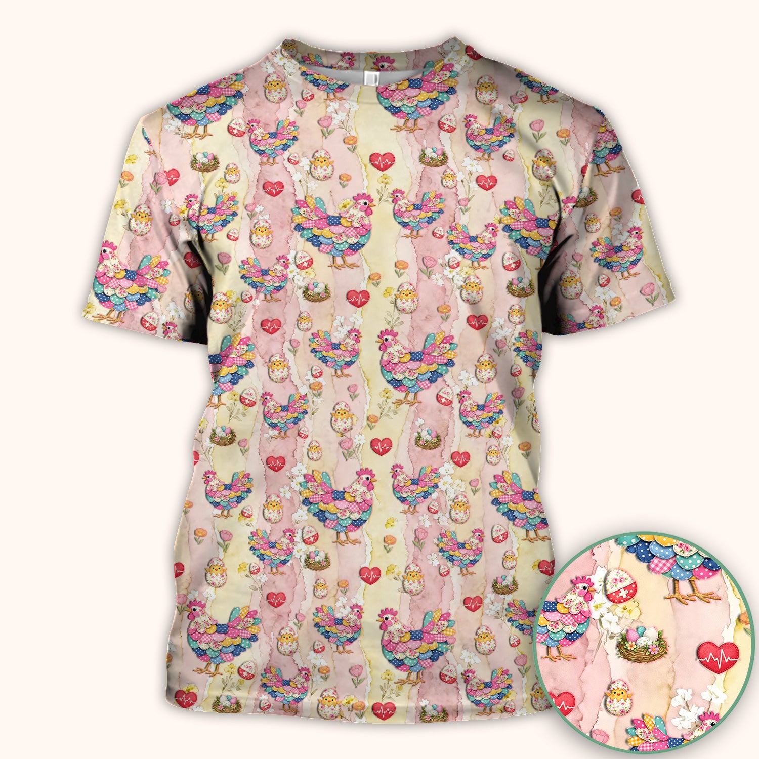 Colorful Chicken Easter Eggs Heart Pattern Scrubs Top, Breathable Fabrics Nursing Uniform