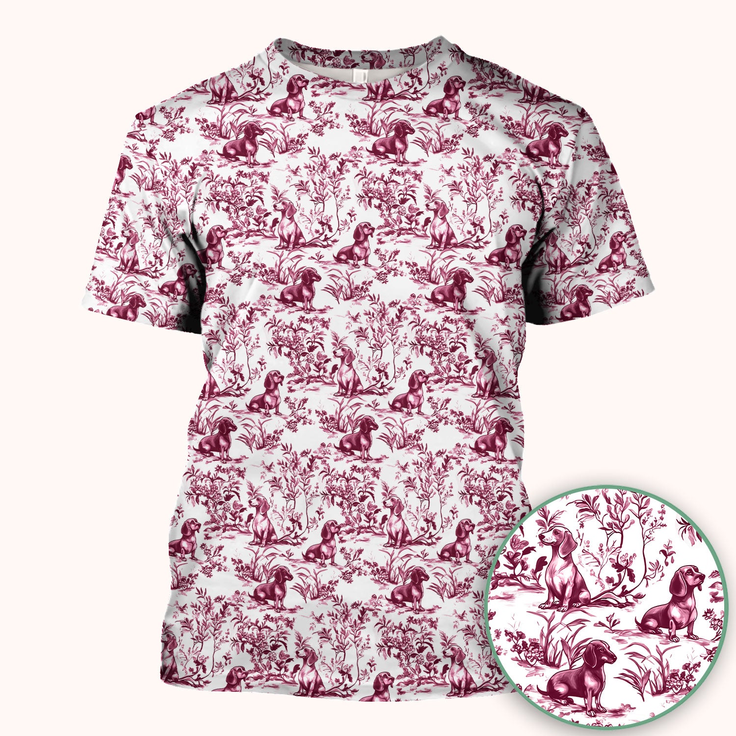 Toile de Jouy Dog Scrub Top – Elegant Blue Dachshund Pattern – Cute Medical Uniform for Nurses, Vets, and Animal Care Workers