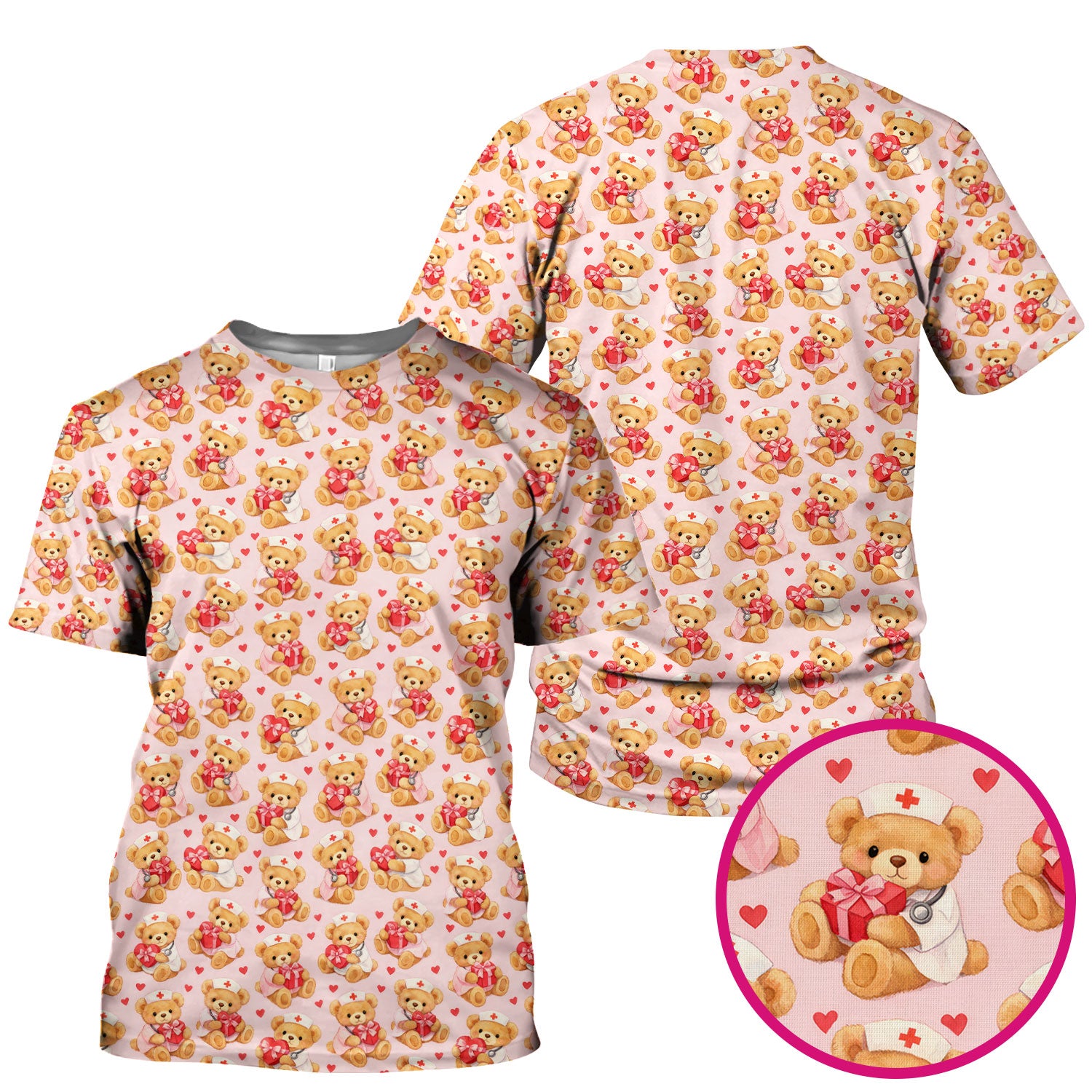Valentine Teddy Pattern Scrub Top, Bear And Heart Medical Nurse Scrub Shirt, Breathable Fabrics Nursing Uniform