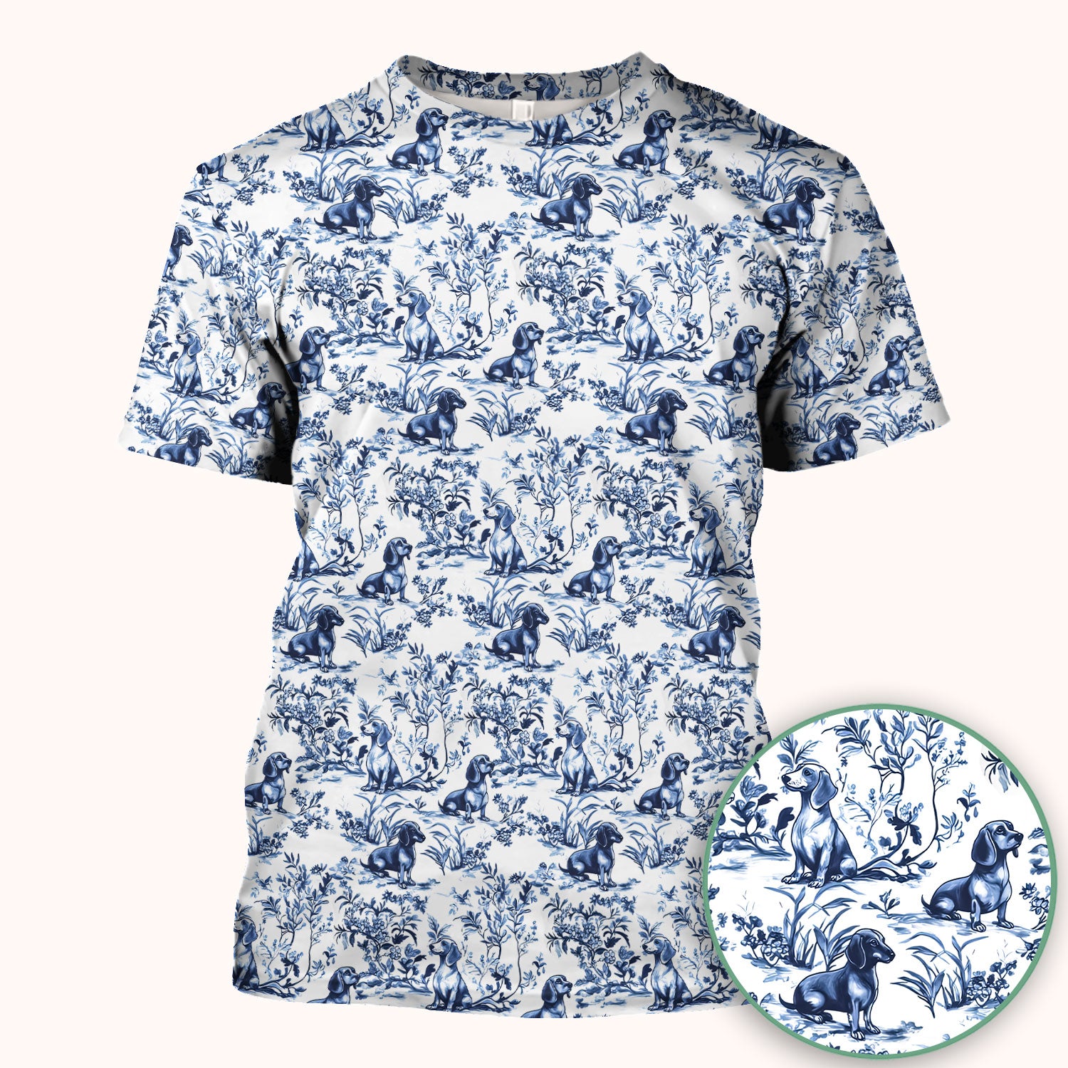 Toile de Jouy Dog Scrub Top – Elegant Blue Dachshund Pattern – Cute Medical Uniform for Nurses, Vets, and Animal Care Workers