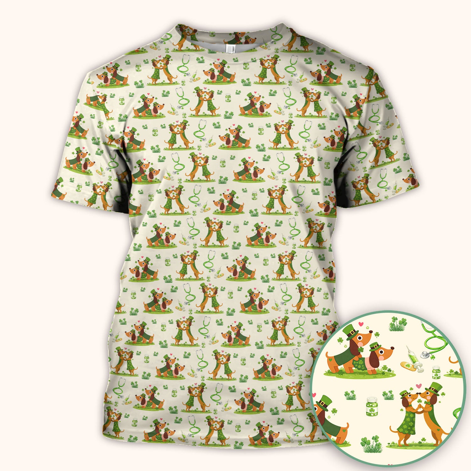 Valentine Cute Dachshund Nurse Shirt, Dog Heart Pattern, Comfortable Scrubs for Nurses