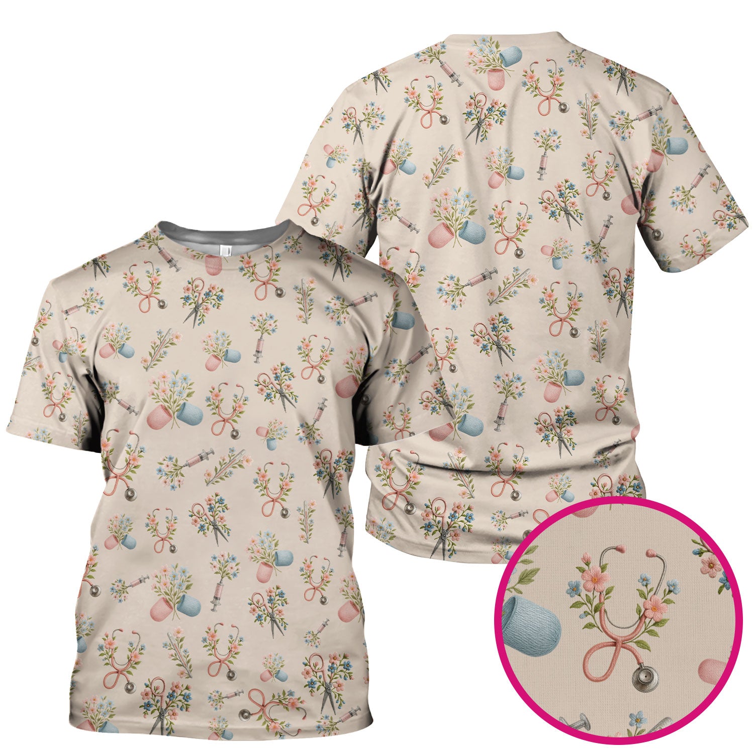 Floral Medical Scrub Top, Elegant Stethoscope With Flower Nursing Shirt, Breathable Fabrics Nurse Uniform