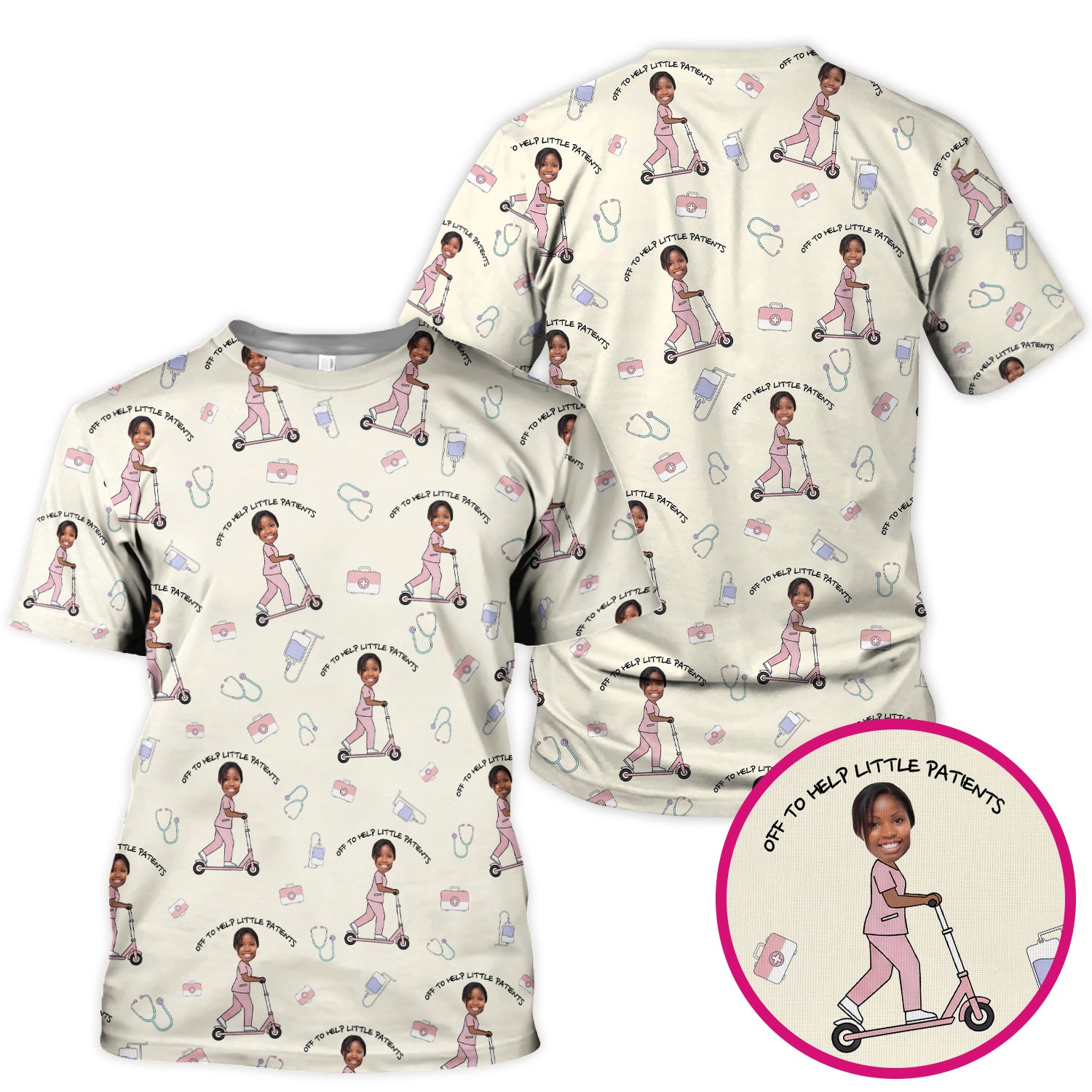 Custom Face Pediatric Nurse Scooter Pattern Scrub Top, Comfortable Scrubs for Nurses