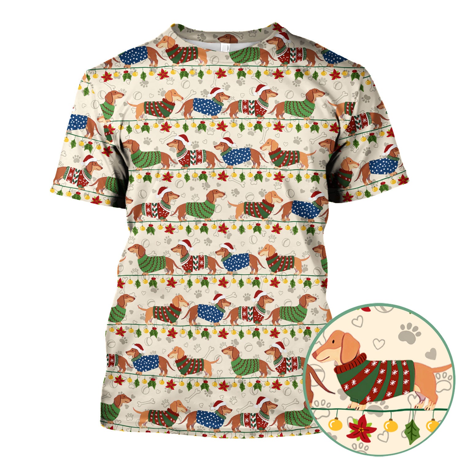Christmas Dachshund Scrub Top - Cute Dog Print Scrubs for Women, Men Multi Color - Holiday Scrub Shirt Gift for Nurse, CNA, RN, Doctor
