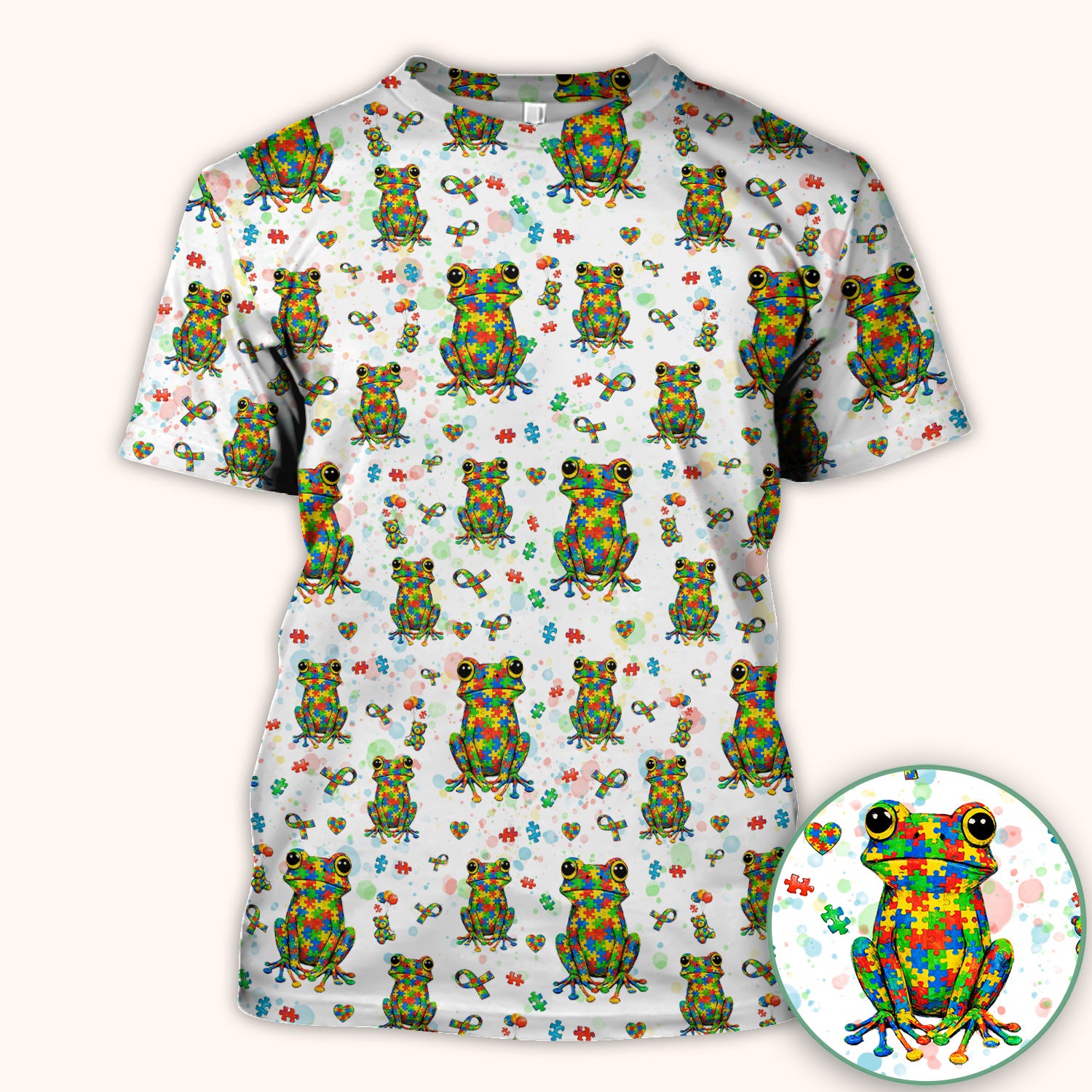 Colorful Autism Puzzle Frog Pattern Scrubs Top, Comfortable Scrubs for Nurses