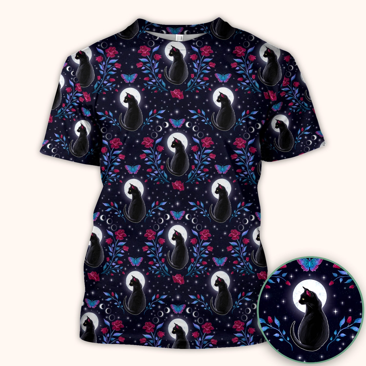 Black Cat Moon Rose Print Scrub Top, Comfortable Scrubs for Nurses