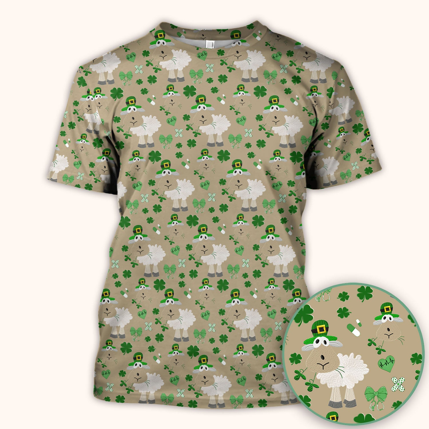 Nurse St. Patrick Scrubs Top, Cute Sheep Shamrock Pattern Nurse Shirt, Breathable Fabrics Nursing Uniform