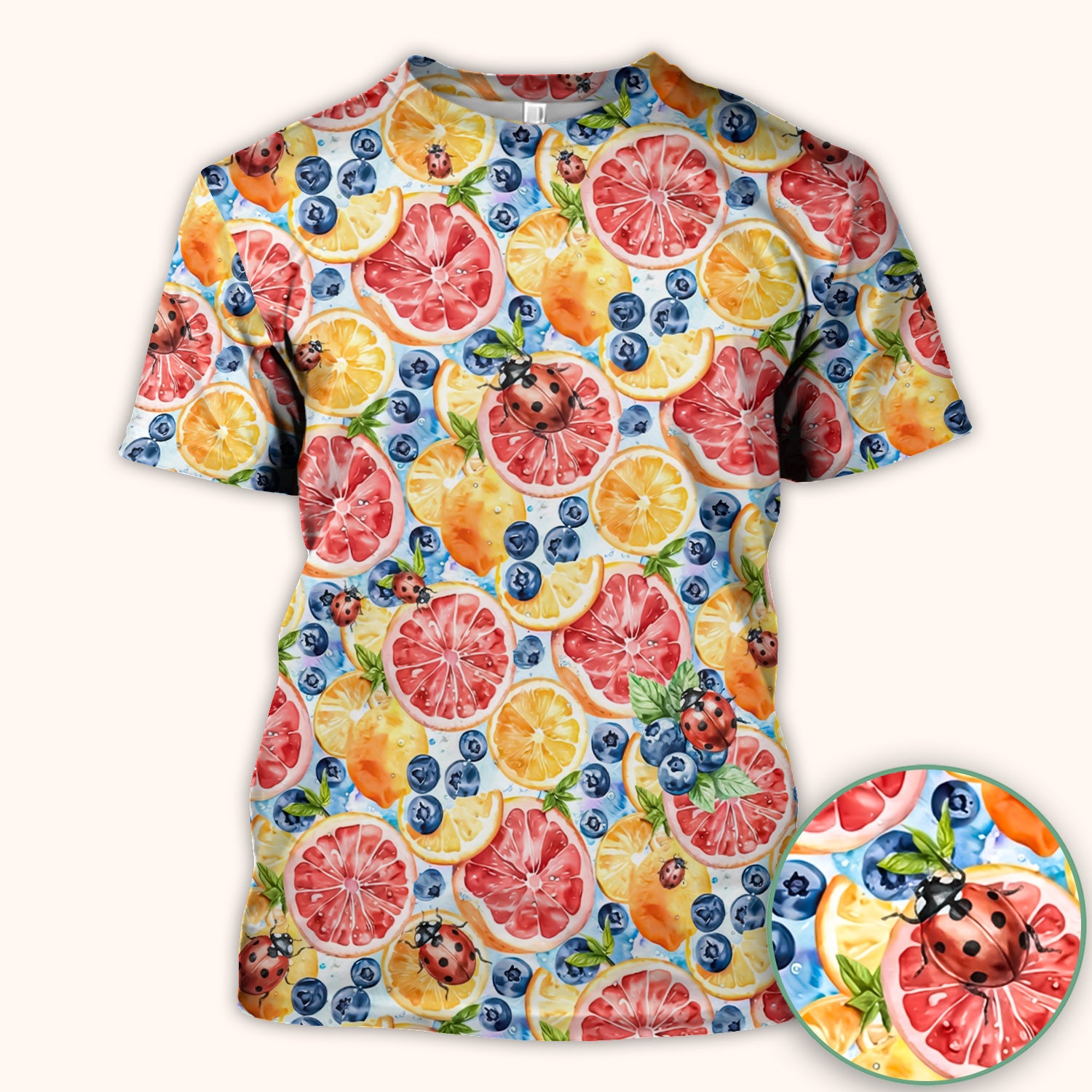 Cute Citrus Berry Ladybug Pattern Scrub Top, Comfortable Scrubs for Nurses