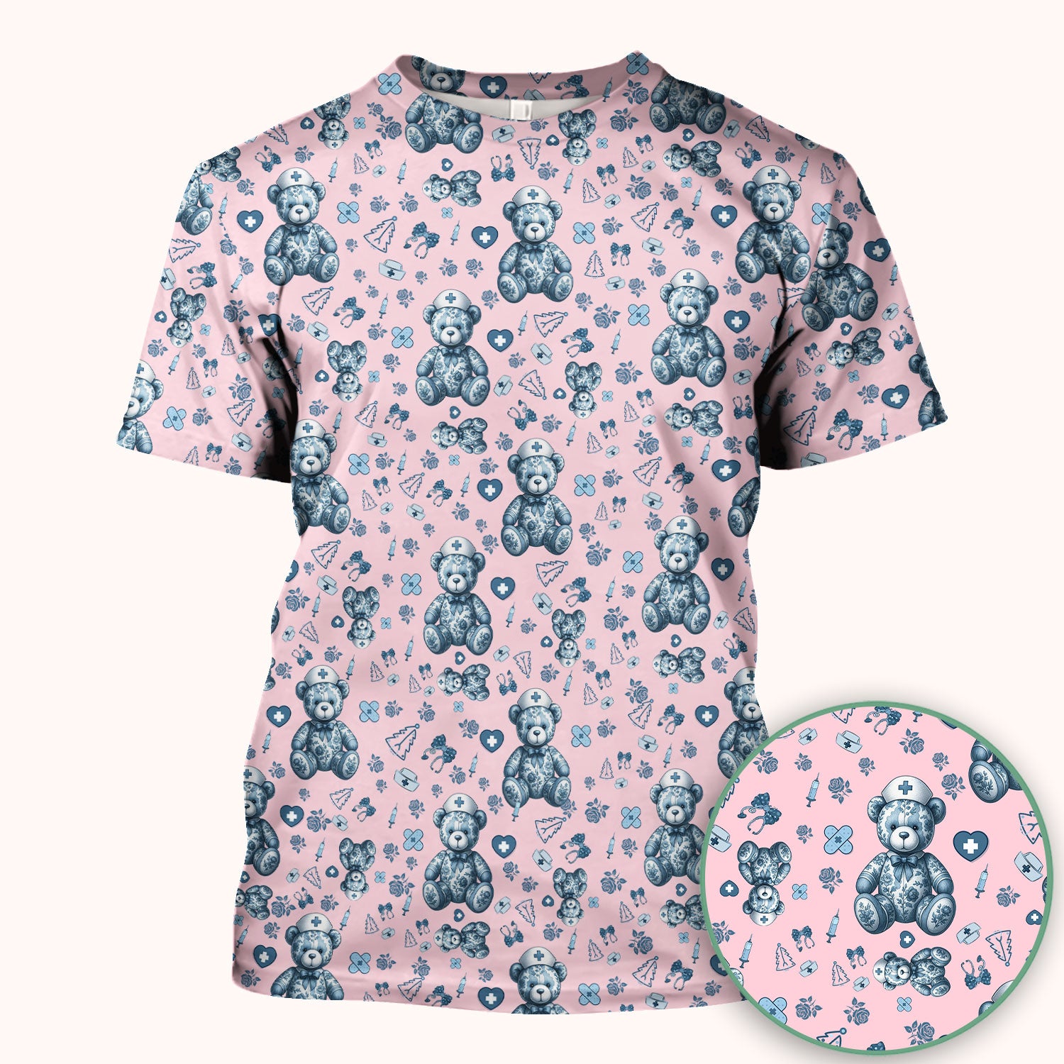 Toile Teddy Bear Nurse Scrub Top - Elegant Blue Toile de Jouy Pattern Medical Shirt for Women - Cute Vintage Nursing Uniform Gift