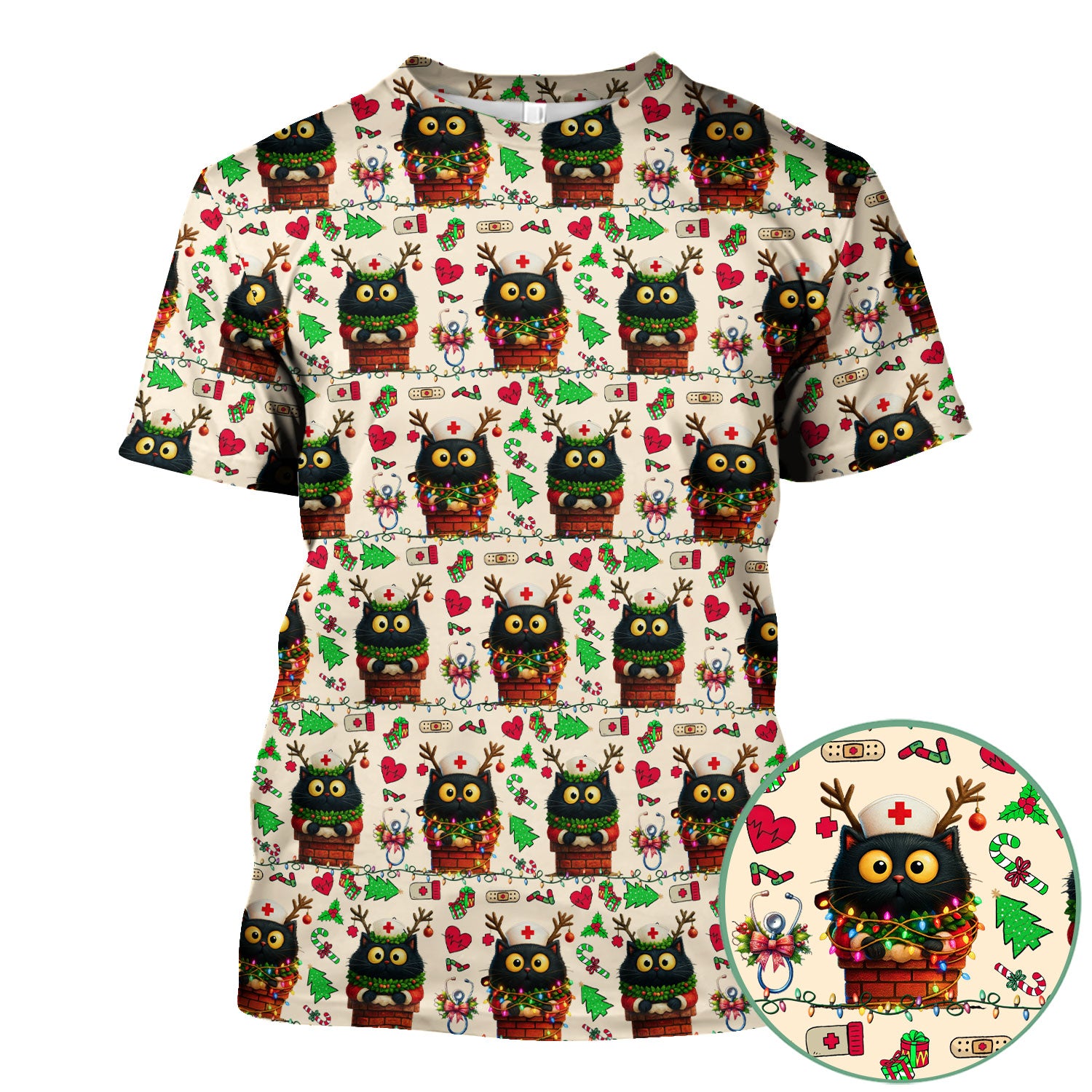 Funny Black Cat Scrub Top for Nurse - Cute Reindeer Cat with Christmas Lights Shirt - Festive Holiday Medical Gift for RN CNA LPN