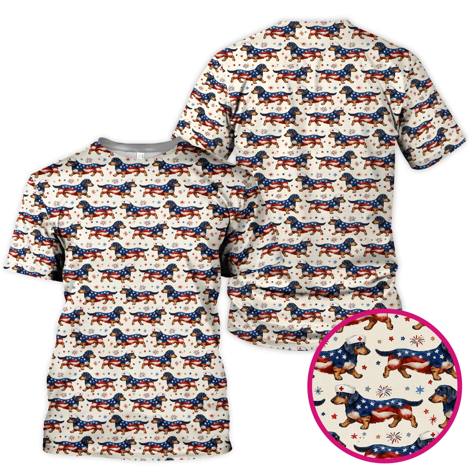 Patriotic Dachshund Dog American Flag Pattern Nurse Scrub Top, Breathable Fabrics Nursing Uniform