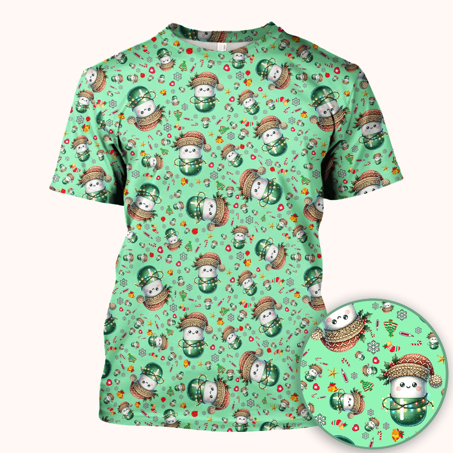 Pharmacy Tech Christmas Scrub Top – Cute Green Snowman Print Nurse Outfit – Funny Holiday Medical Uniform for Pharmacists