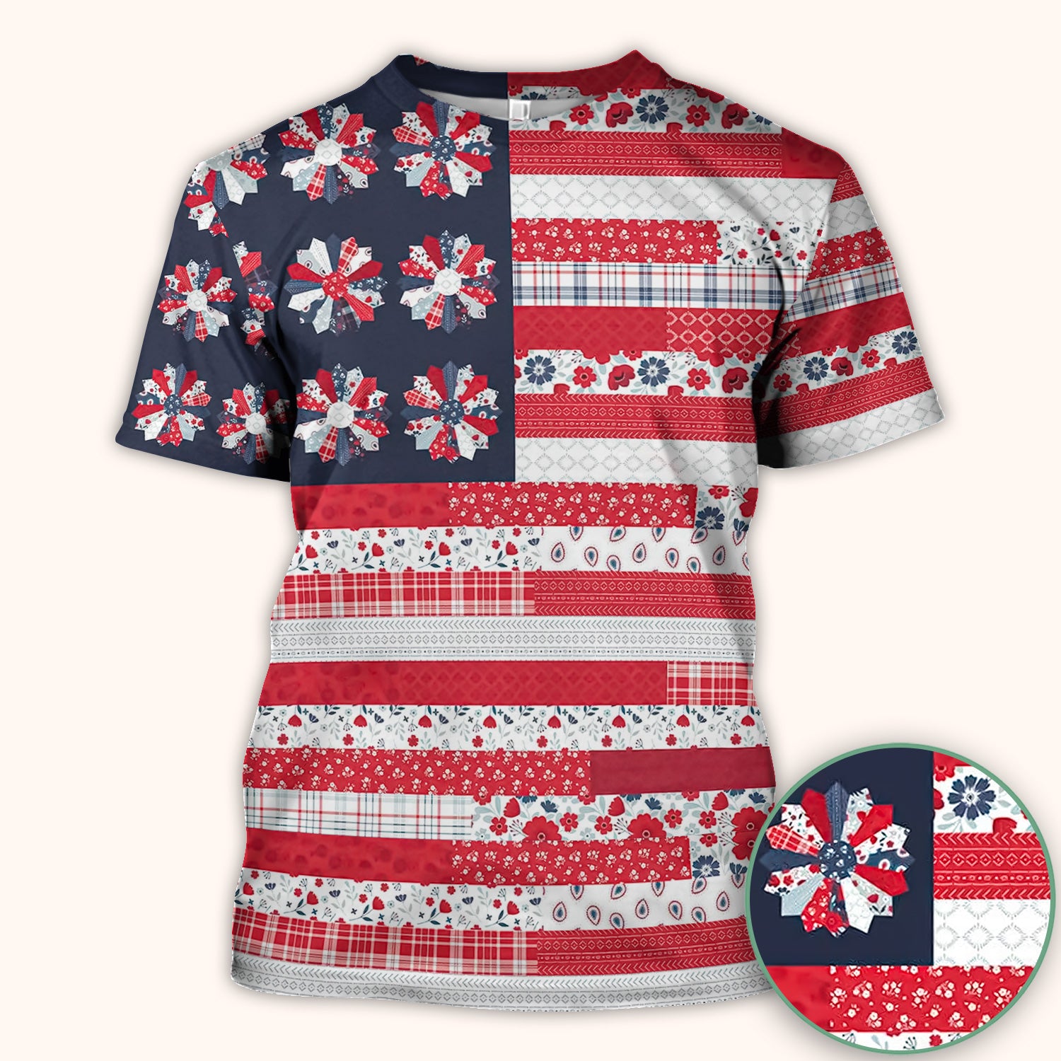 Patriotic Floral Flag Patchwork Pattern Scrub Top, Comfortable Scrubs for Nurses