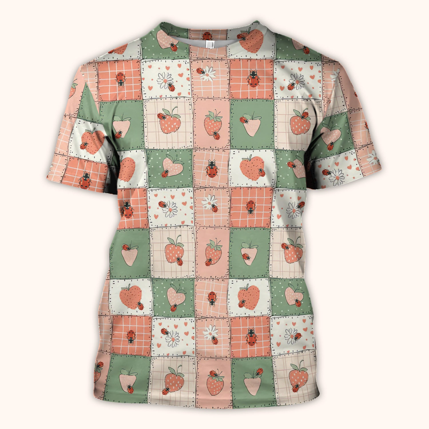 Strawberry Ladybug Patchwork Pattern Scrub Top, Comfortable Scrubs For Nurses