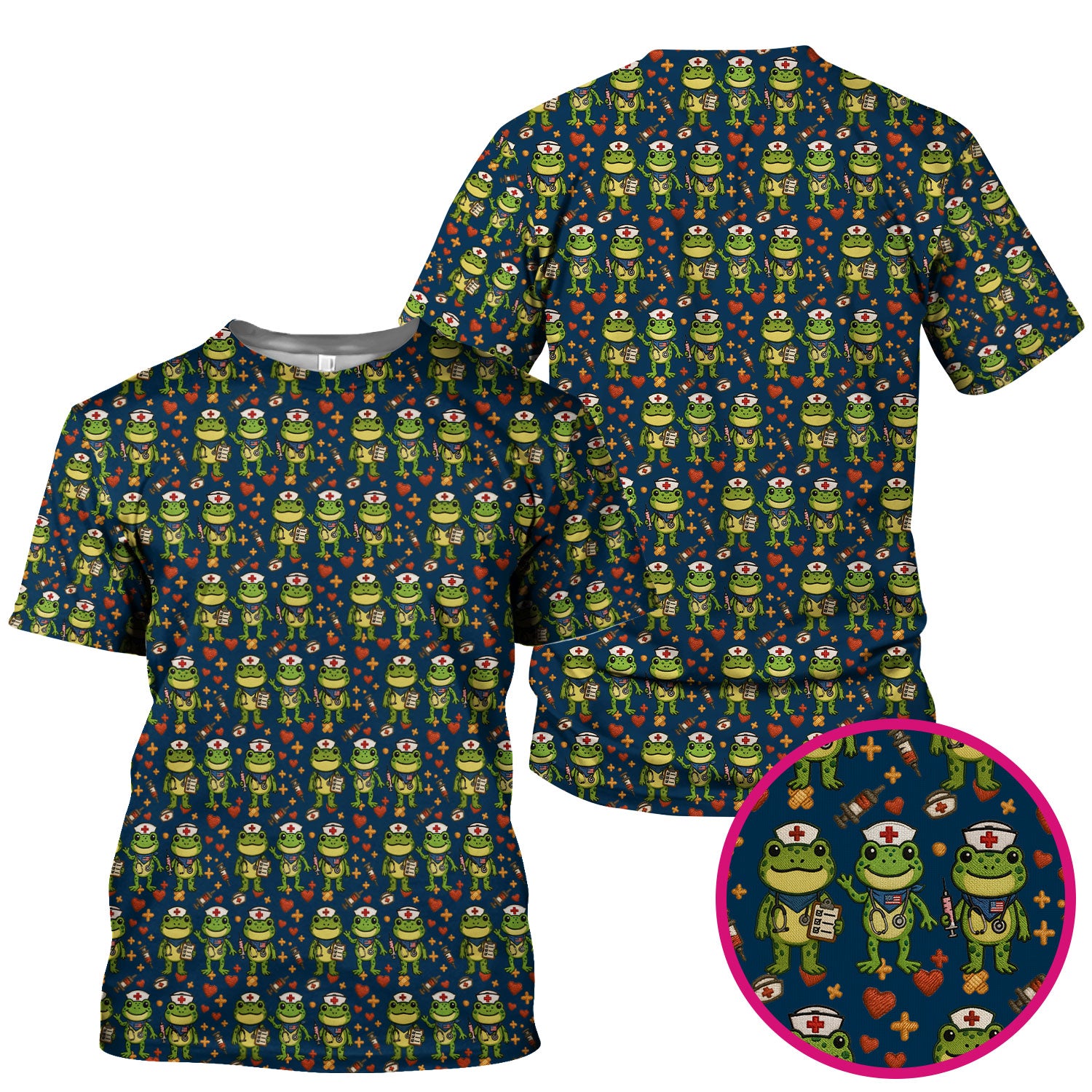 Frog Pattern Scrub Top, Cute Frog Scrub Shirt, Breathable Fabrics Nursing Uniform