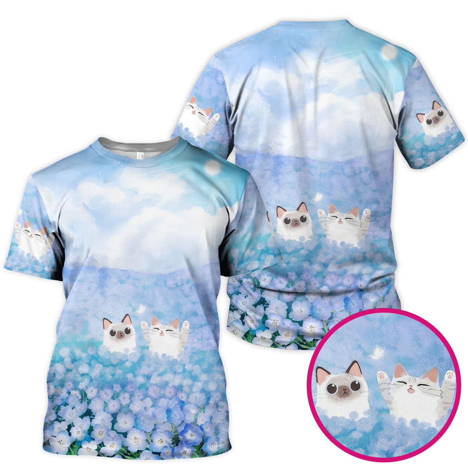 Dreamy Cat Cloud Hydrangea Sky Pattern Scrub Top, Comfortable Scrubs for Nurses