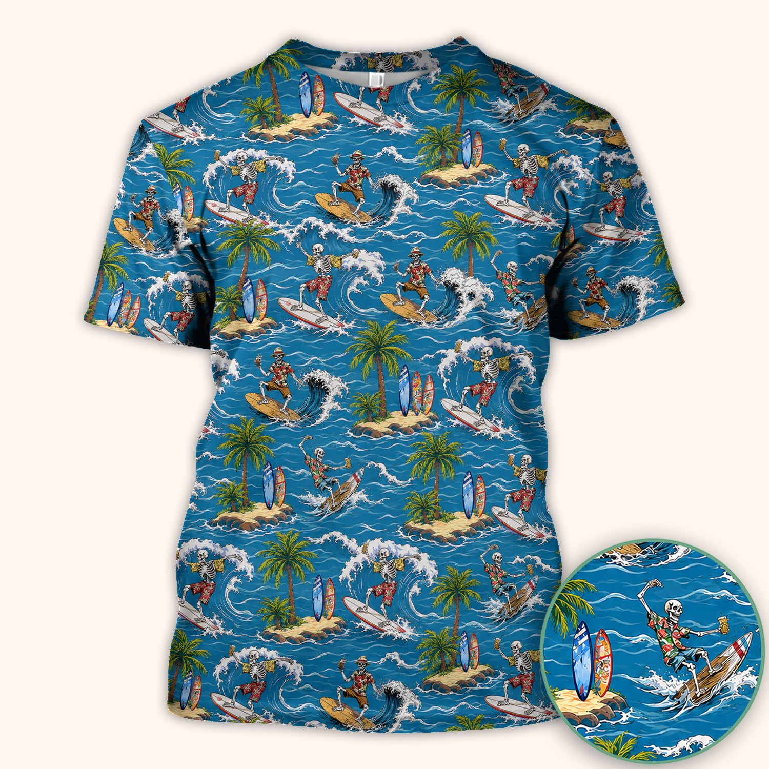 Spooky Tropical Skeleton Surfer Pattern Scrub Top, Comfortable Scrubs for Nurses