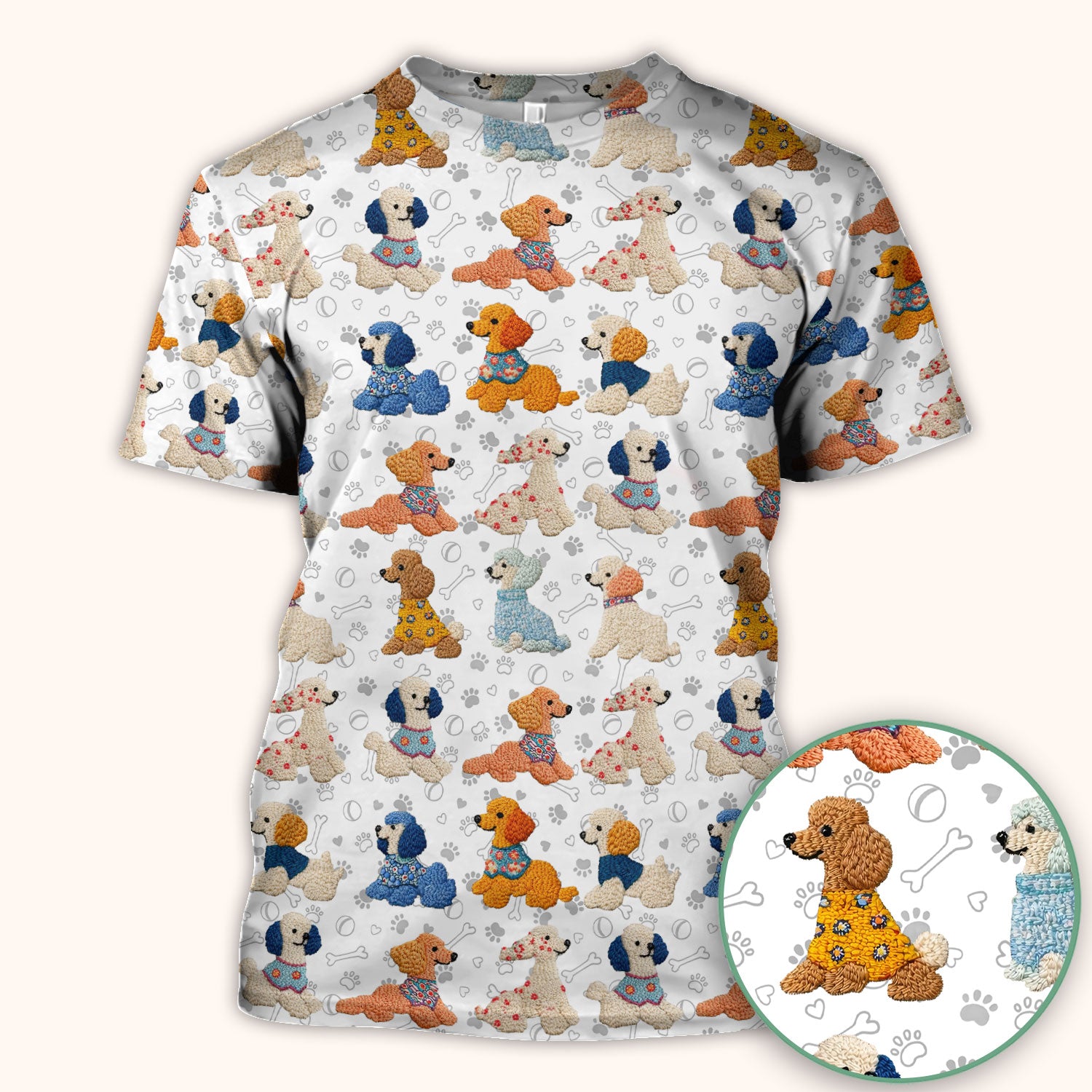 Cute Colorful Poodle Pattern Scrub Top, Comfortable Scrubs for Nurses