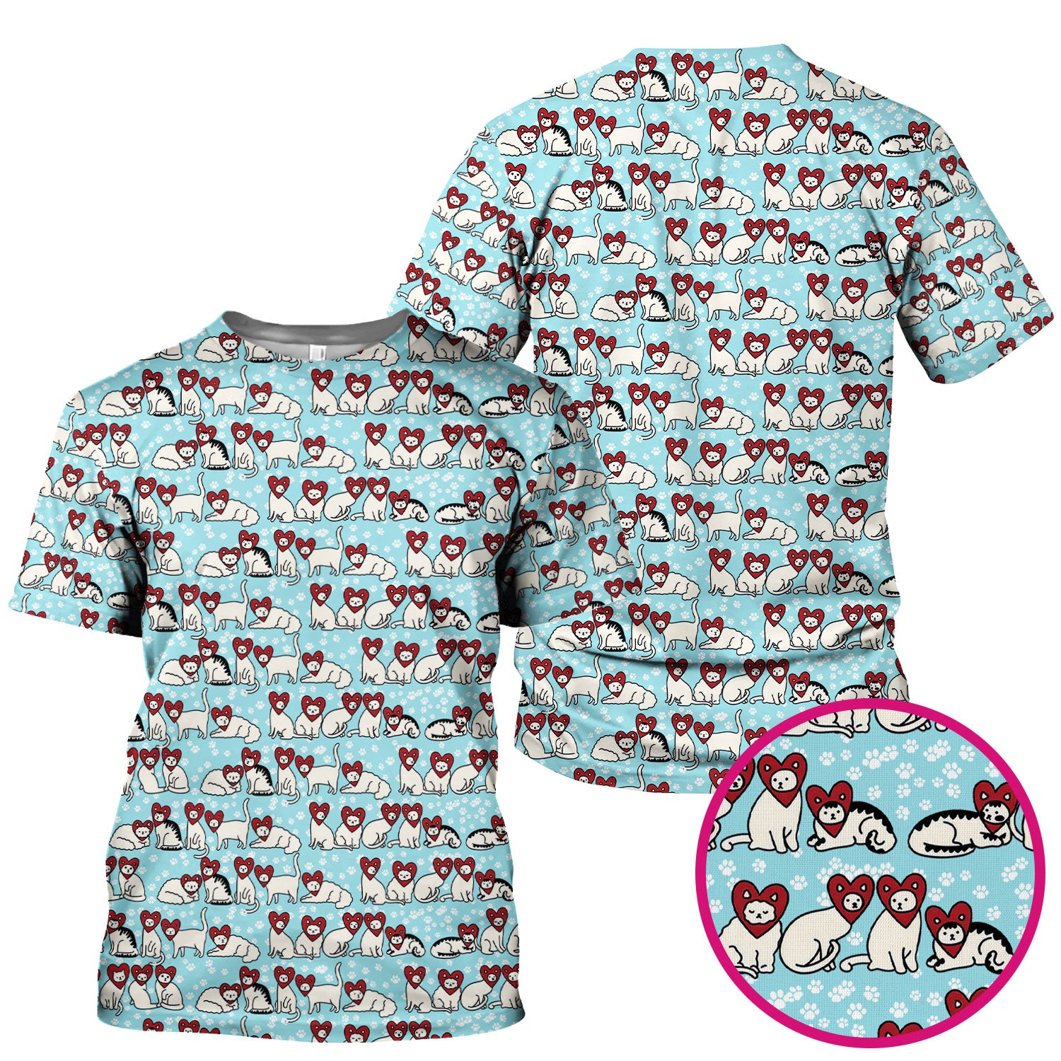 Cute Cat Heart Pattern Scrub Top, Funny Cat Scrub Shirt For Nurses, Breathable Fabrics Nursing Uniform