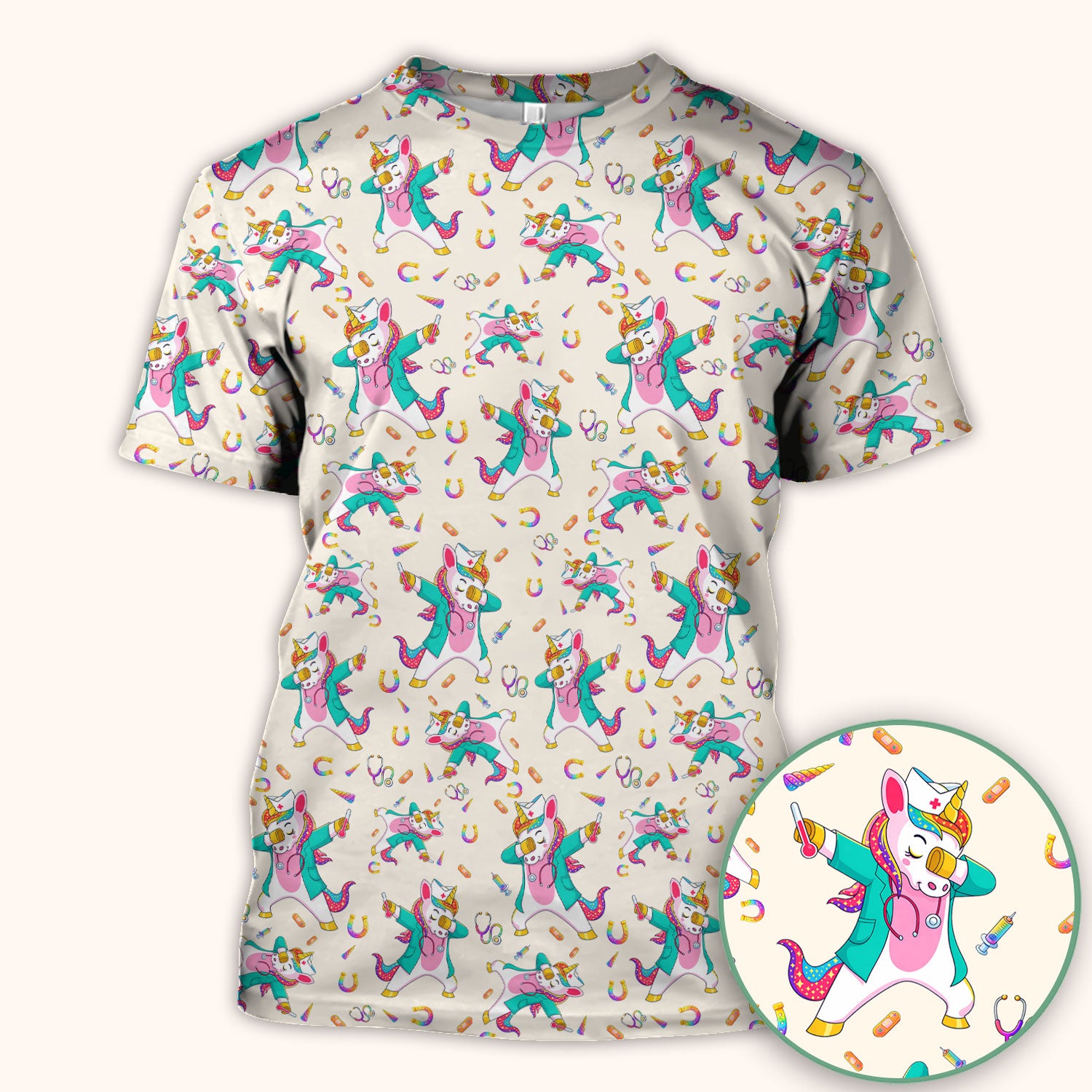 Cute Unicorn Nurse Dance Pattern Scrub Top, Breathable Fabrics Nursing Uniform