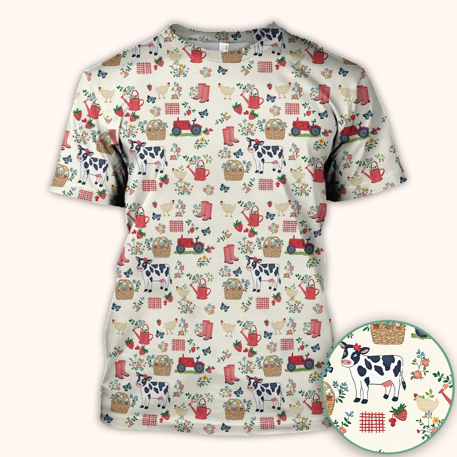 Cute Cow Chicken Farm Pattern Scrub Top, Breathable Fabrics Nursing Uniform