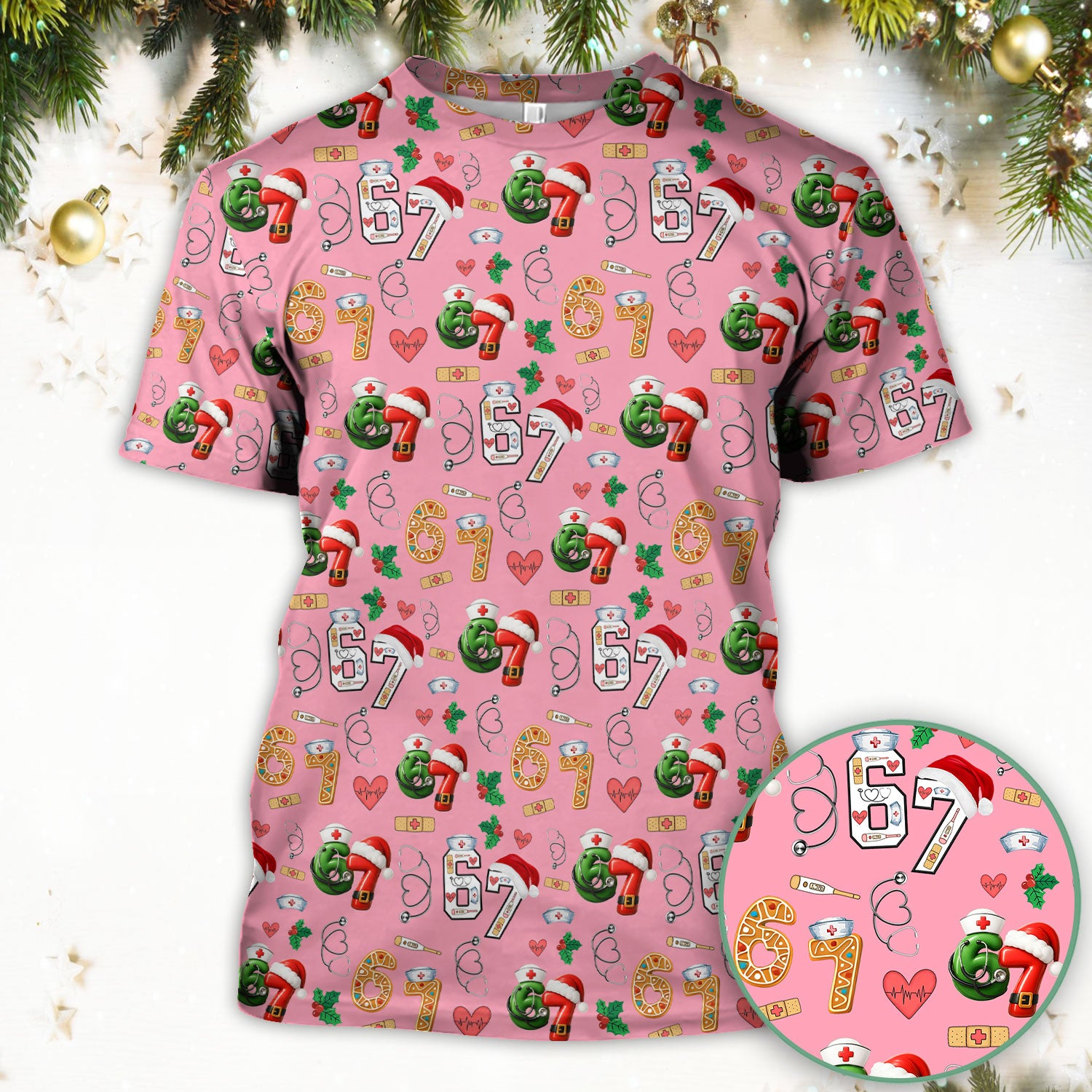 Christmas Nurse 67 Pattern Scrub Top, Cute Holiday Medical Shirt With Santa Hat, Uniform For Nursing