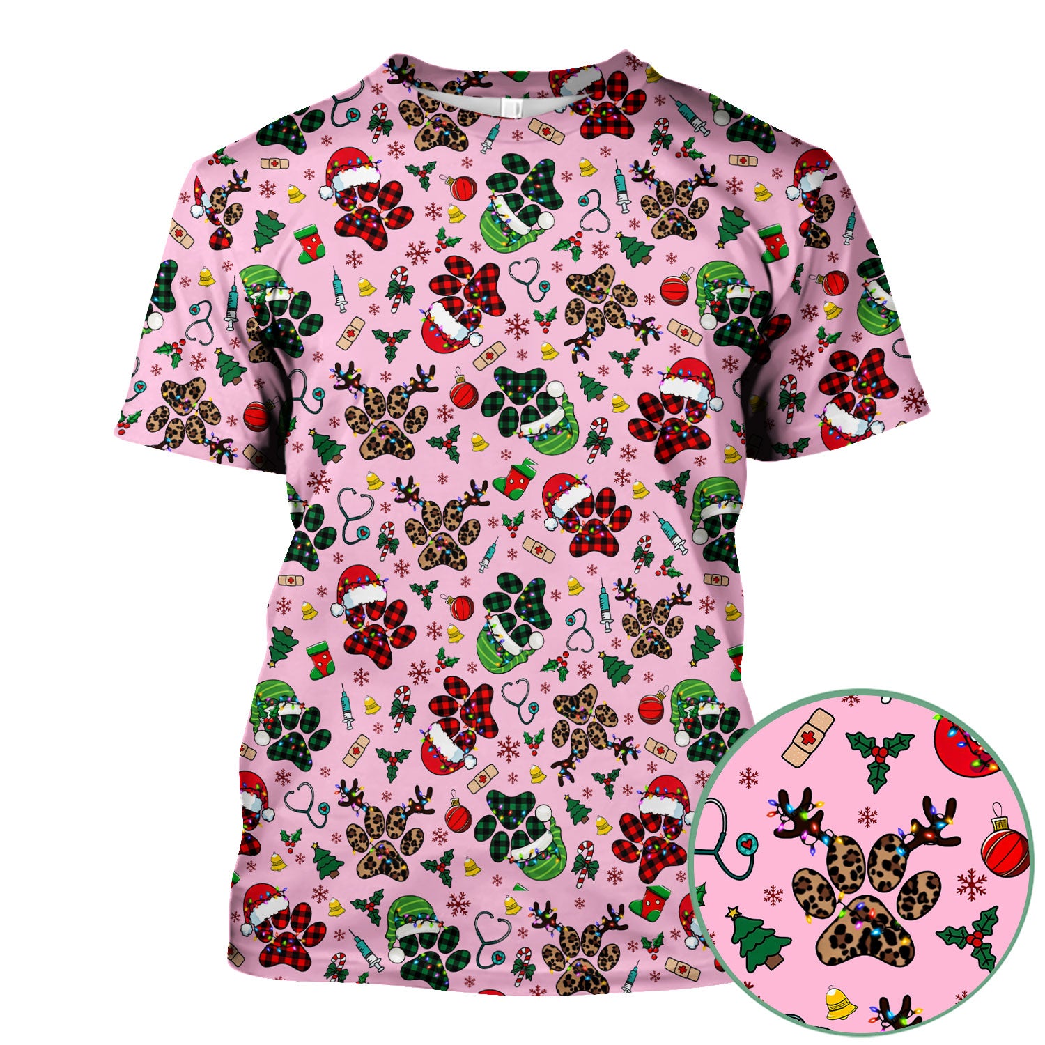Christmas Paw Print Scrub Top for Nurses - Cute Leopard Holiday Pattern - Funny Festive Medical Uniform Gift