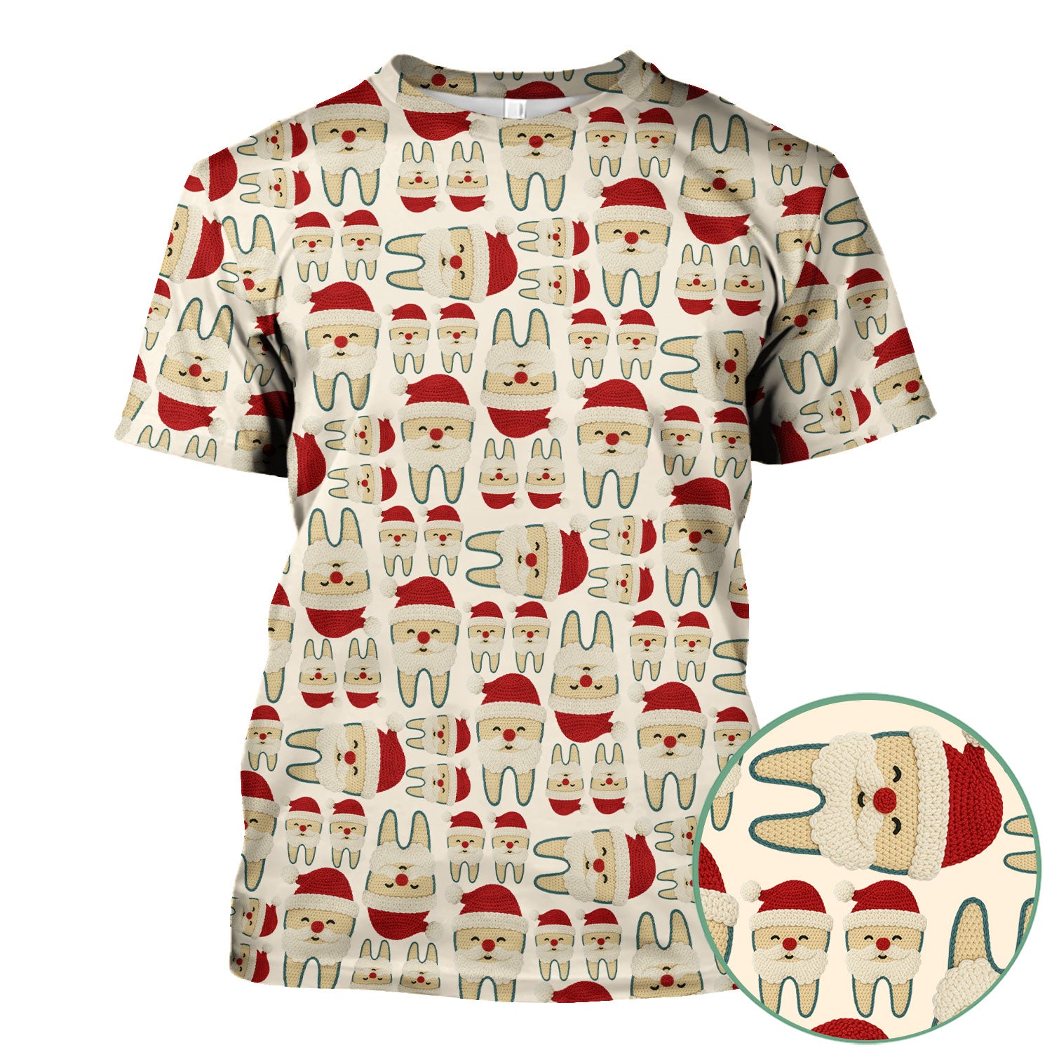 Christmas Tooth Scrub Top - Cute Santa Tooth Pattern for Dentists & Hygienists - Crochet Style Holiday Medical Uniform for Women