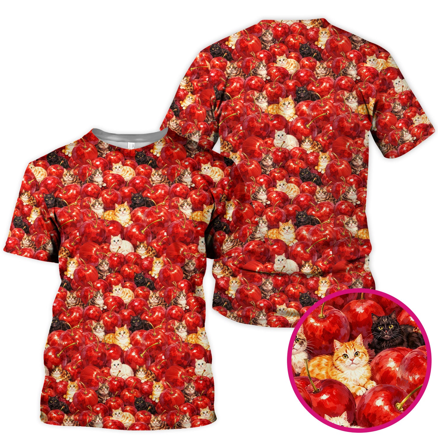 Cute Cat Cherry Pattern Scrub Top,  Comfortable Scrubs for Nurses