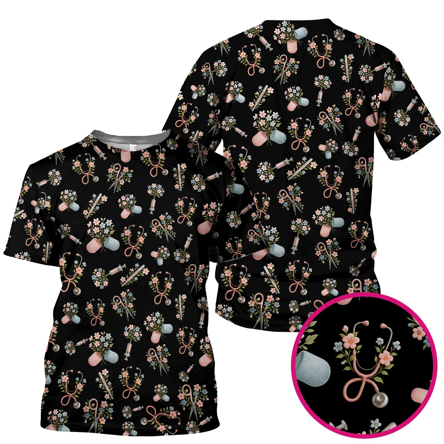 Floral Medical Scrub Top, Elegant Stethoscope With Flower Nursing Shirt, Breathable Fabrics Nurse Uniform