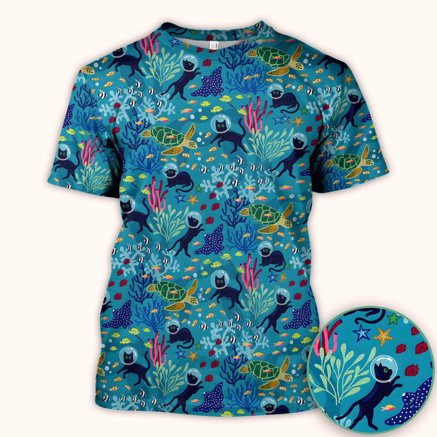 Underwater Cat Turtle Veterinary Pattern Scrub Top for RN, CNA, Ocean Medical Uniform