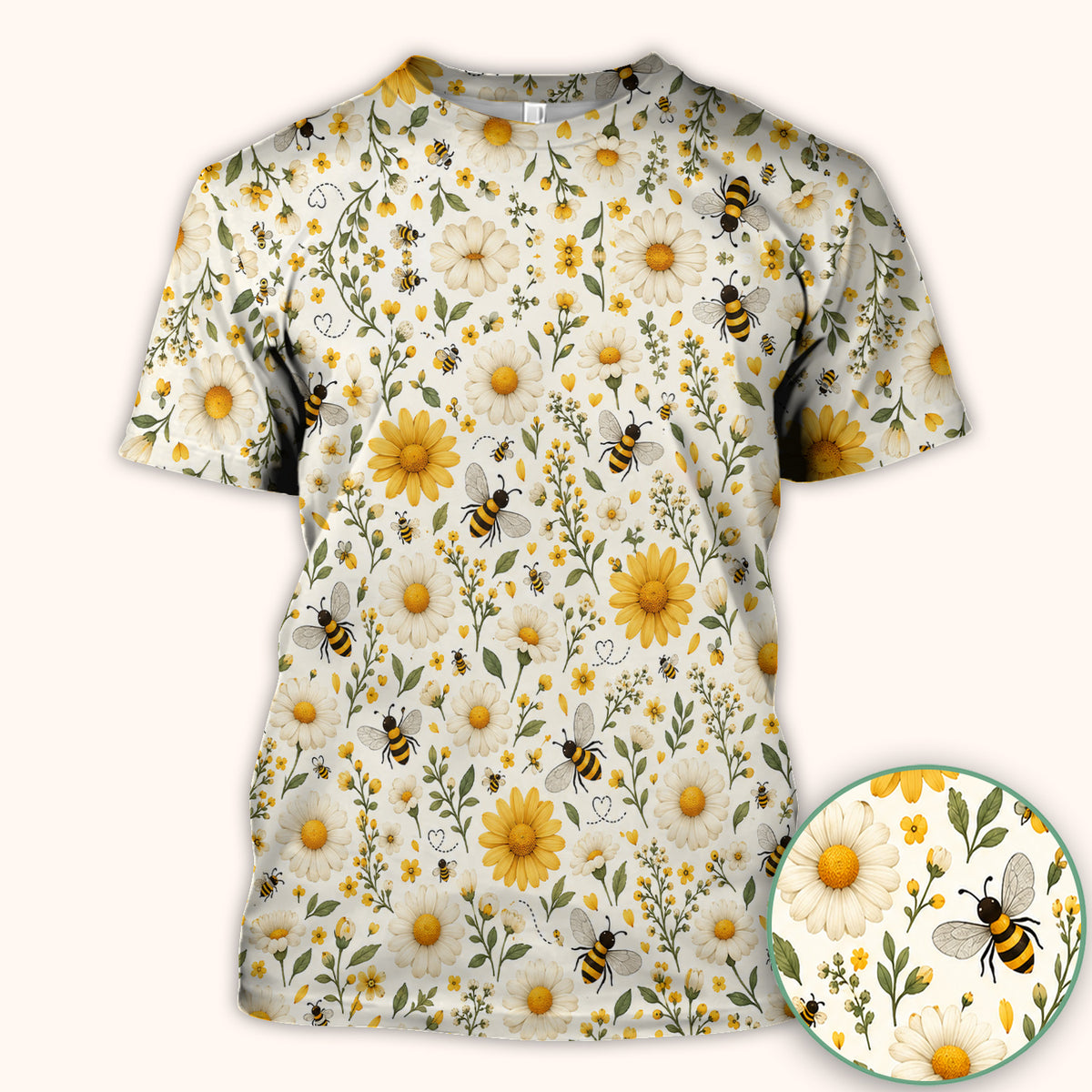 Cute Honey Bee And Daisy Pattern Scrub Top, Comfortable Scrubs for Nurses