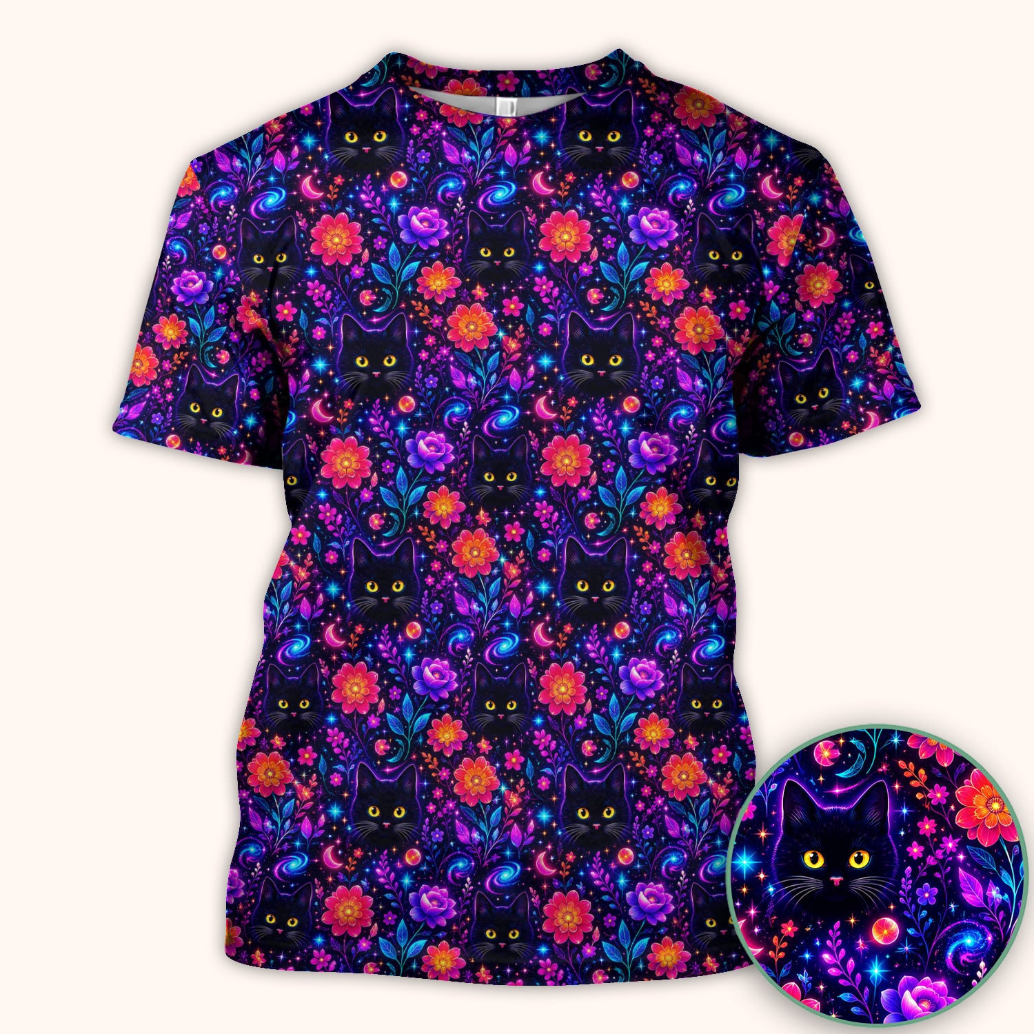 Galaxy Black Cat Floral Pattern Scrub Top, Comfortable Scrubs for Nurses