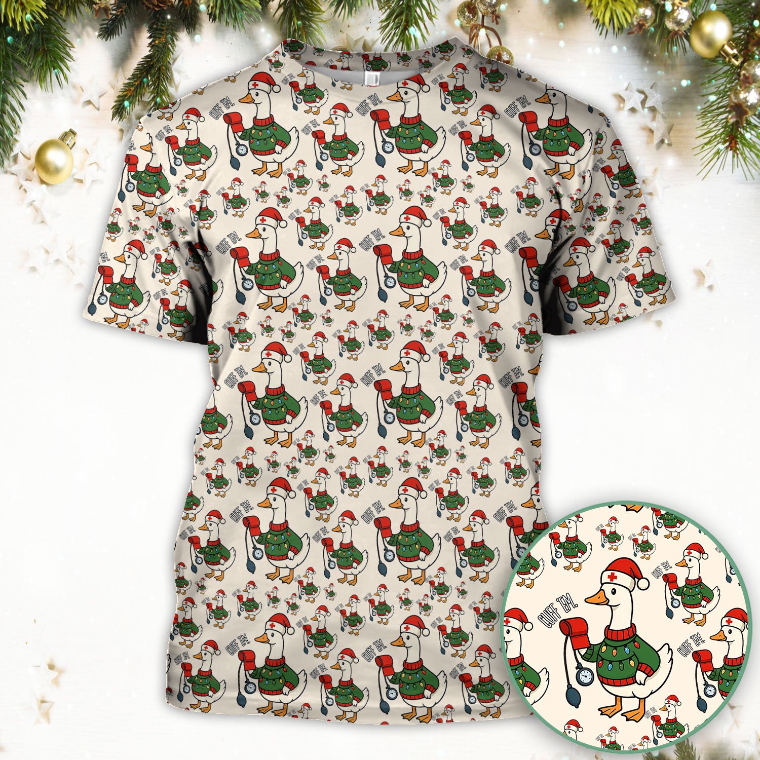 Nurse Christmas Duck Scrub Top, Cute Goose Pattern Scrub Shirt, RN LPN CNA Nursing Uniform
