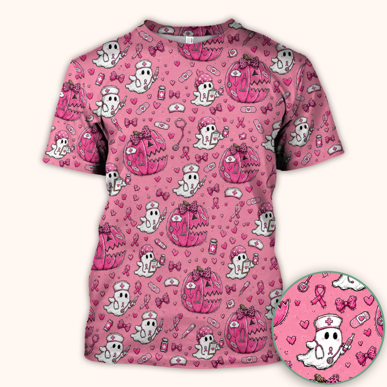 Pink Ribbon Ghost Pattern Scrub Top, Comfortable Scrubs for Nurses