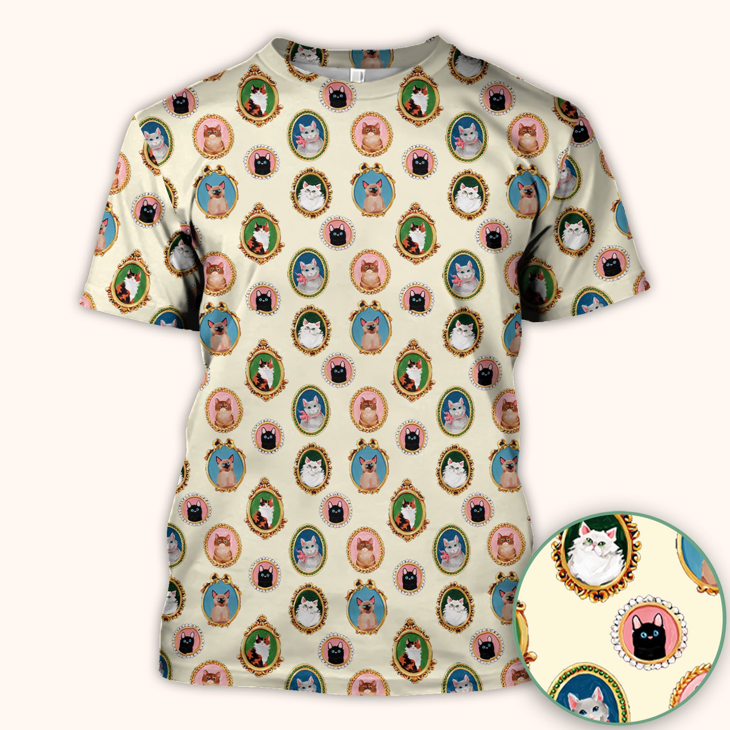 Vintage Cat Portrait Pattern Scrub Top, Breathable Medical Uniform Top