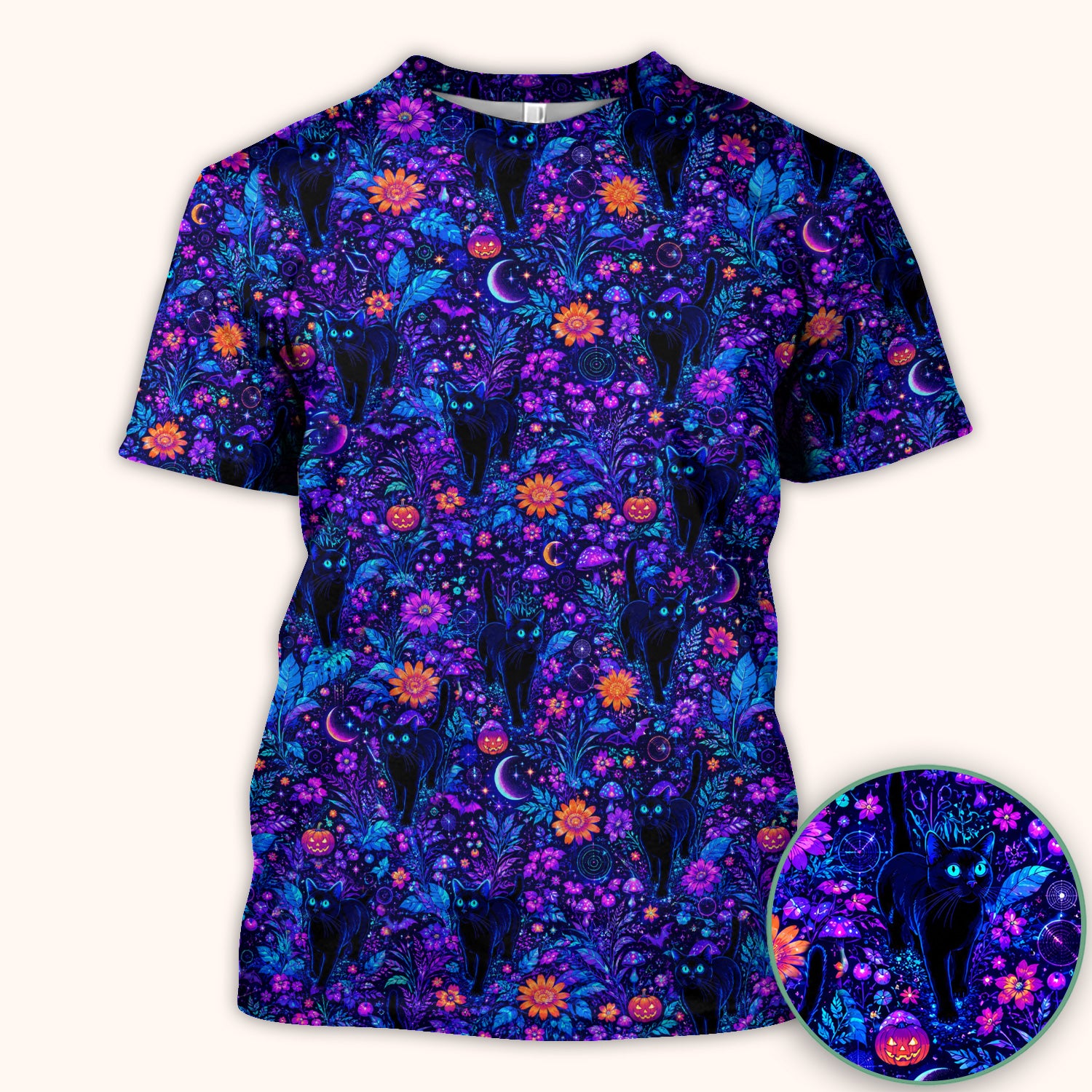 Halloween Black Cat Floral Print Scrub Top, Comfortable Scrubs for Nurses