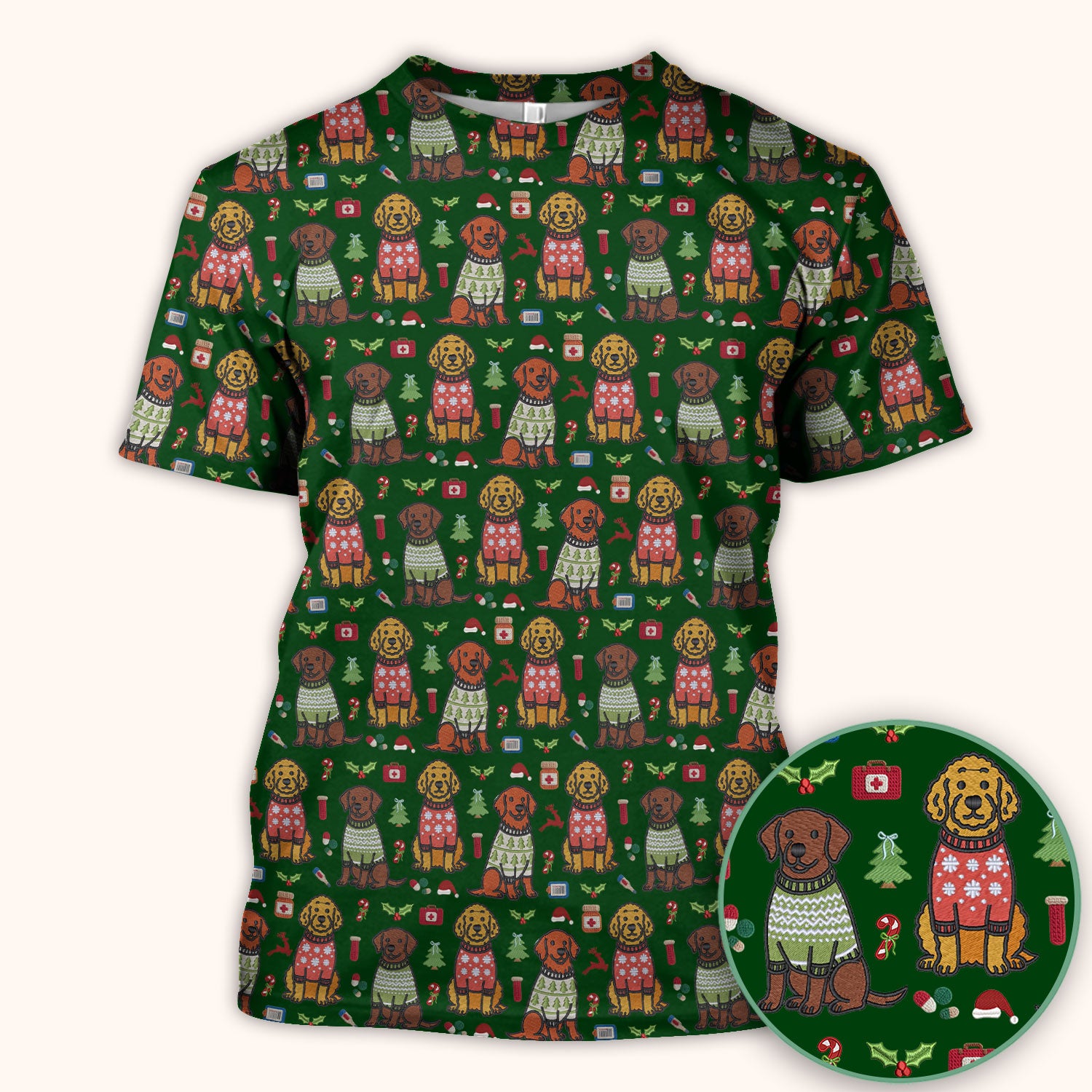 Golden Retriever Christmas Scrub Top, Cute Holiday Dog Nurse Pattern Shirt, Breathable Fabrics Nursing Uniform